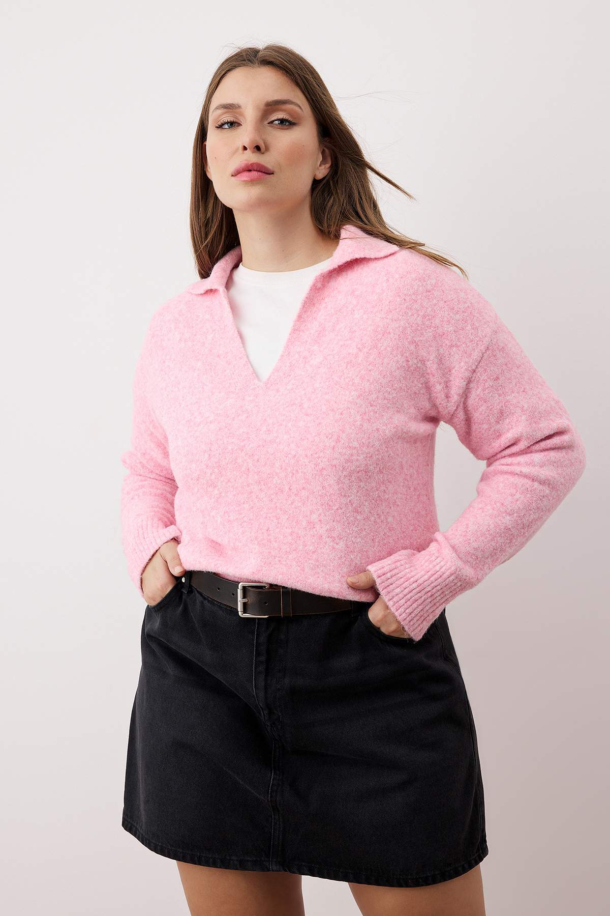 Trendyolmilla Curve Pembe Polo Yaka Yumuşak Hissiyatlı Triko Kazak TBBAW26AN00024