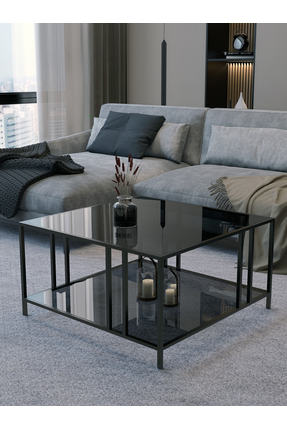 Dekoport Bakü Orta Sehpa Siyah Füme Cam 75*75 Çift Camlı Orta Sehpa