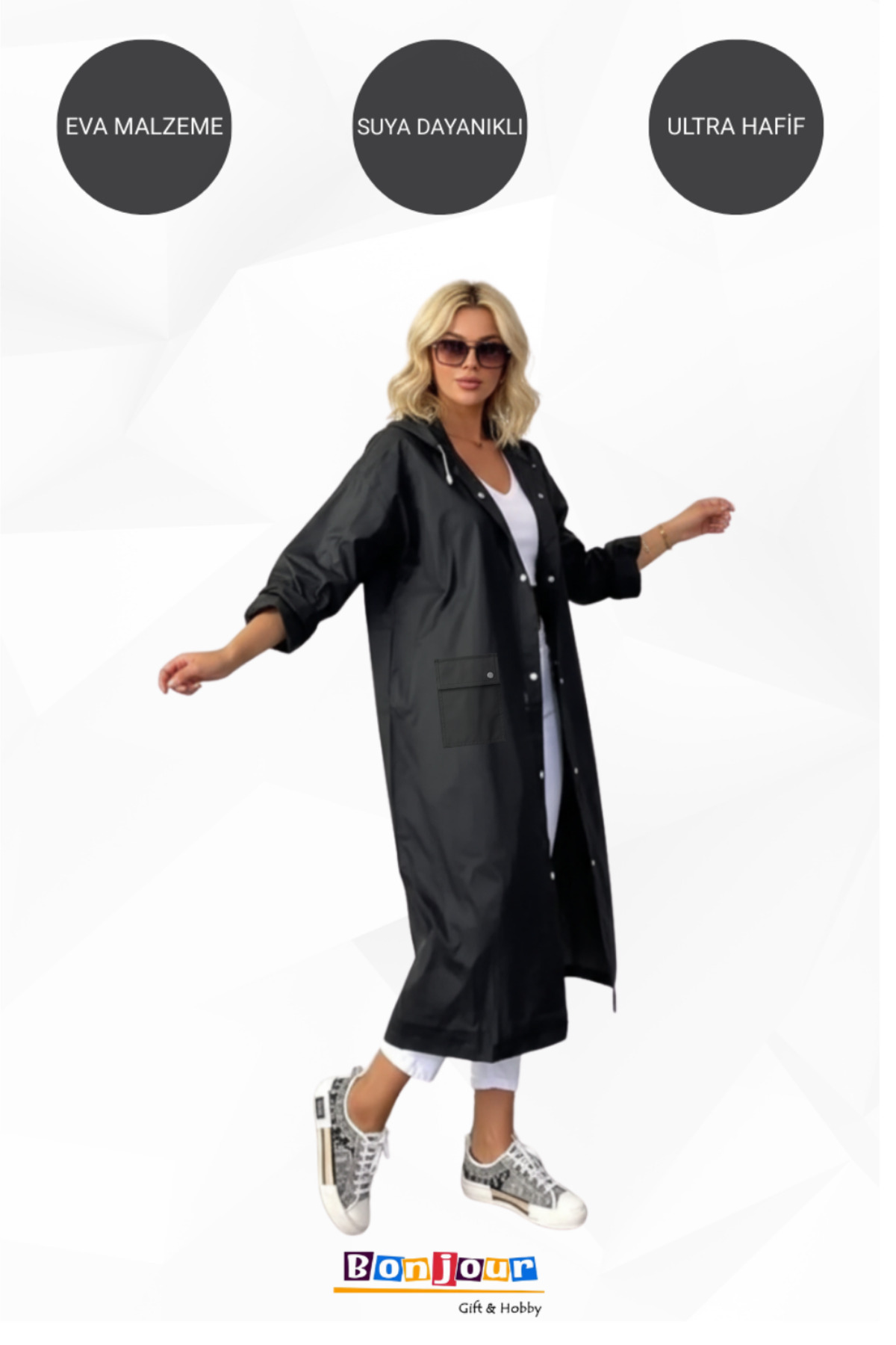 Bonjour Gift & Hobby Unisex Eva Yağmurluk Cepli, Çıtçıtlı, Kapüşonlu Rüzgar Yağmur Geçirmez görsel 2