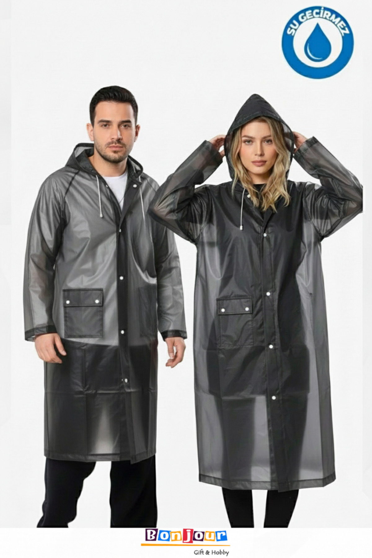 Bonjour Gift & Hobby Unisex Eva Yağmurluk Cepli, Çıtçıtlı, Kapüşonlu Rüzgar Yağmur Geçirmez