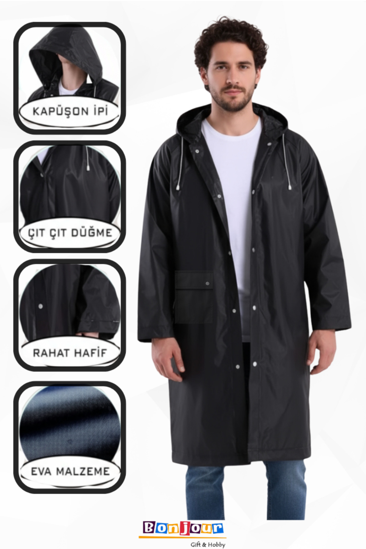 Bonjour Gift & Hobby Unisex Eva Yağmurluk Cepli, Çıtçıtlı, Kapüşonlu Rüzgar Yağmur Geçirmez görsel 4