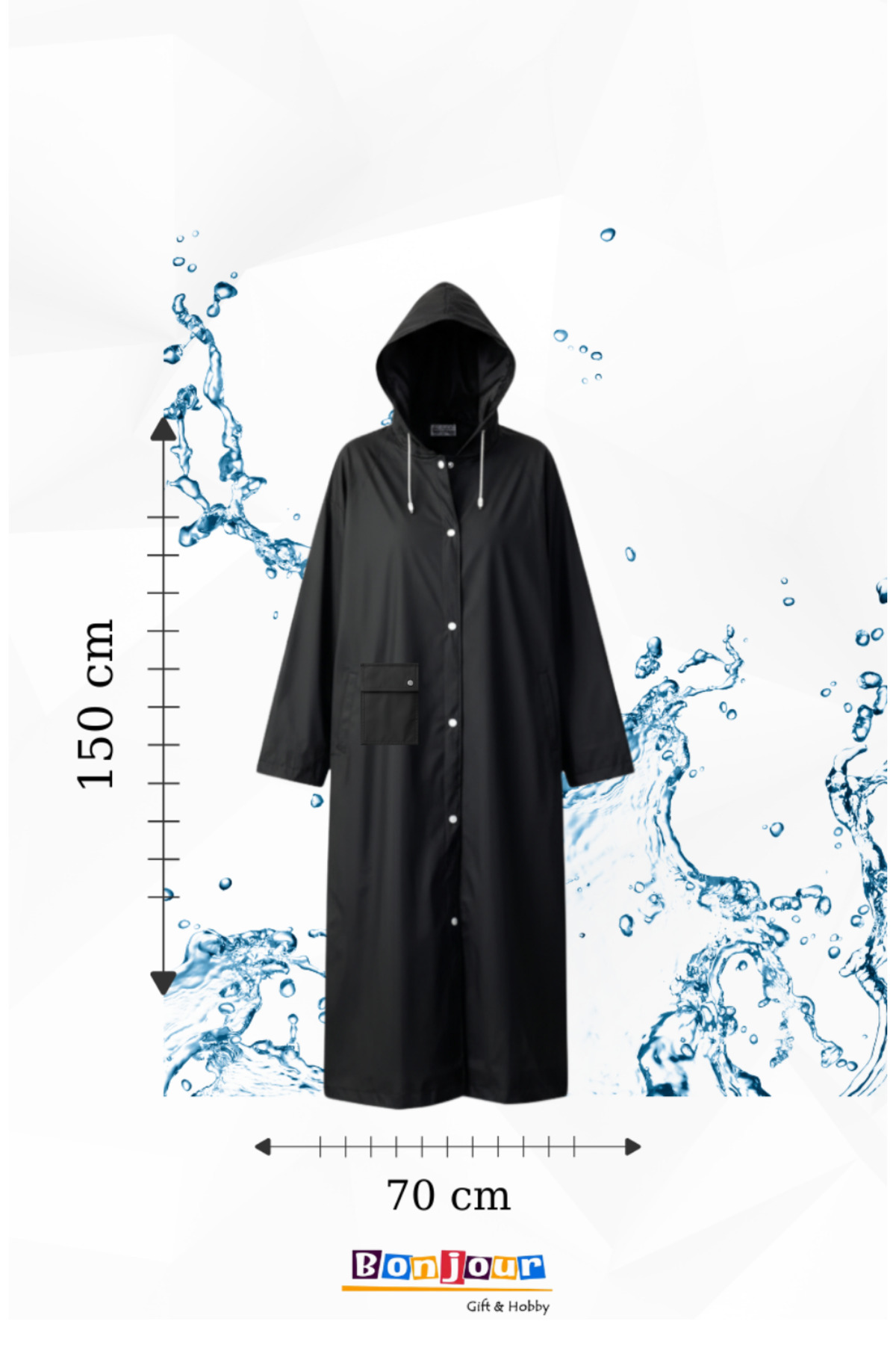 Bonjour Gift & Hobby Unisex Eva Yağmurluk Cepli, Çıtçıtlı, Kapüşonlu Rüzgar Yağmur Geçirmez görsel 3