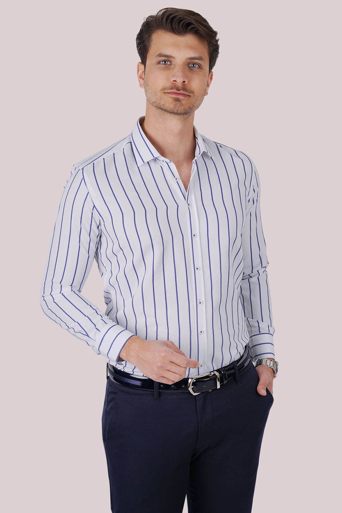 Etikmen  Beyaz Mavi Çizgili Slimfit Erkek Gömlek - Görsel 6