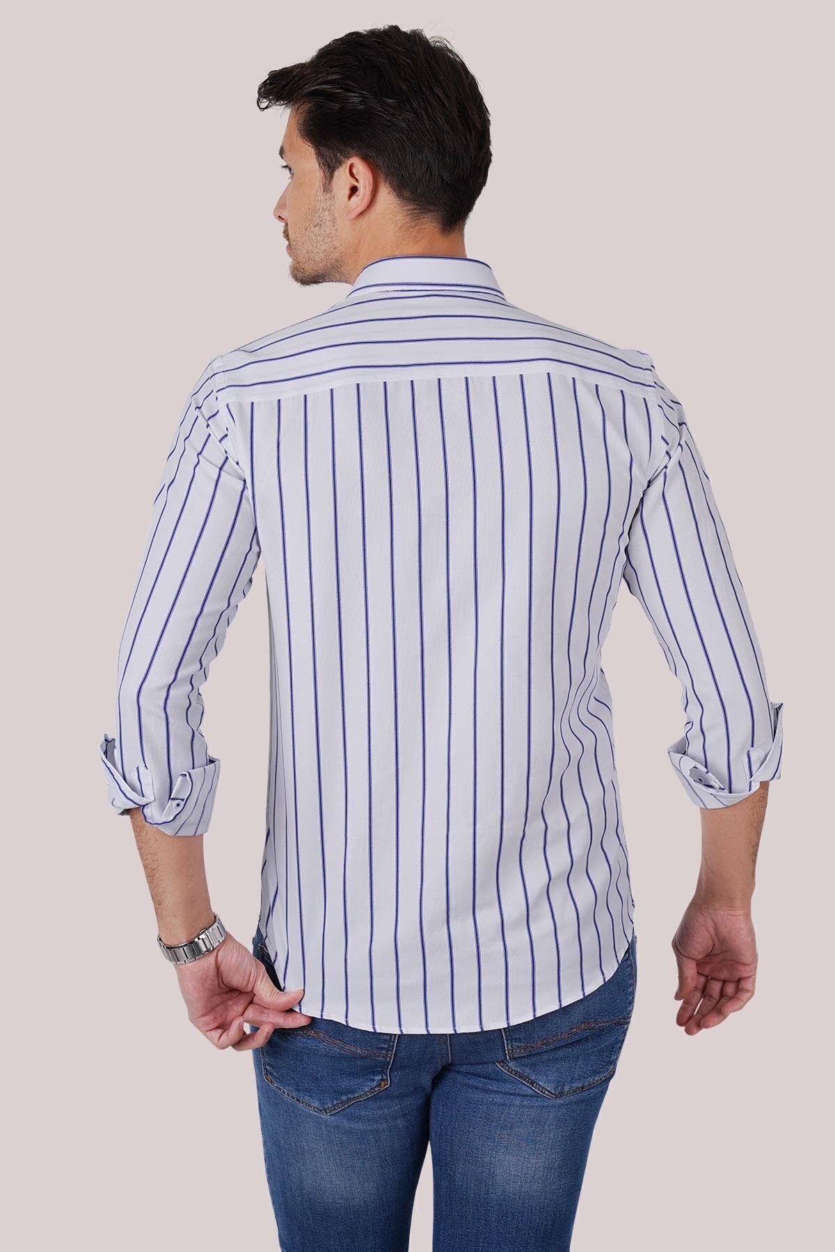 Etikmen  Beyaz Mavi Çizgili Slimfit Erkek Gömlek - Görsel 7