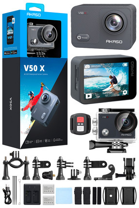 AKASO V50X 4K/30FPS 20MP Wi-Fi Aksiyon Kamera ve Aksesuar Seti, Su Geçirmez K...