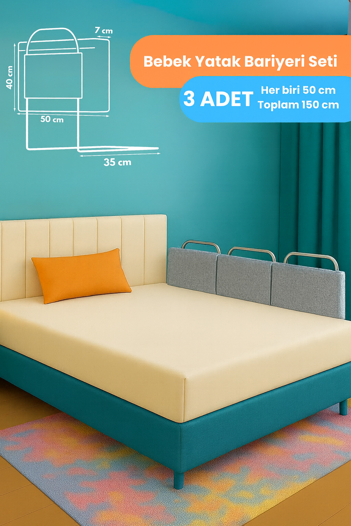 Dizanor Yeni Nesil Bebek ve Çocuk Yatak Bariyeri 150 cm ( 50*40*7 cm 3 Adet) (Minder Olarak Kullanıma Uygun)