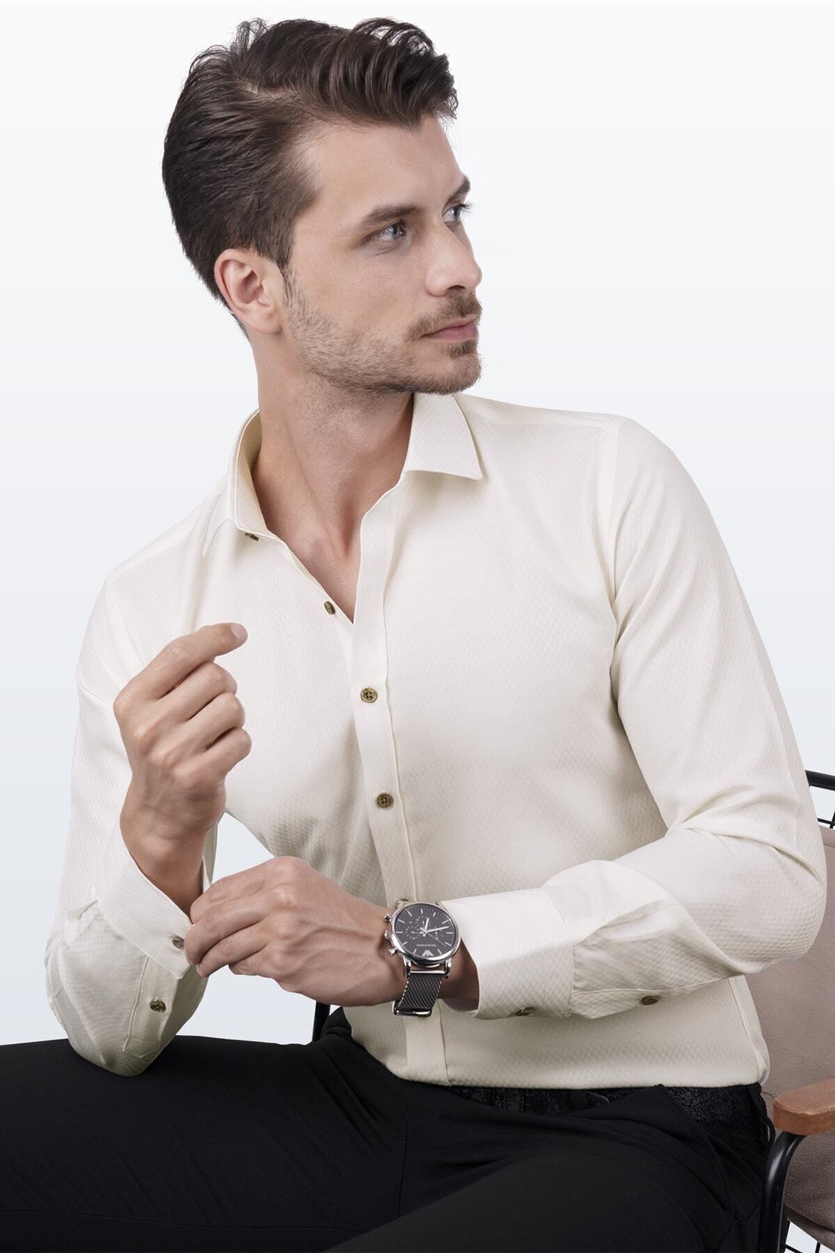 Etikmen  Krem Baklava Desen Slimfit Erkek Gömlek - Görsel 3