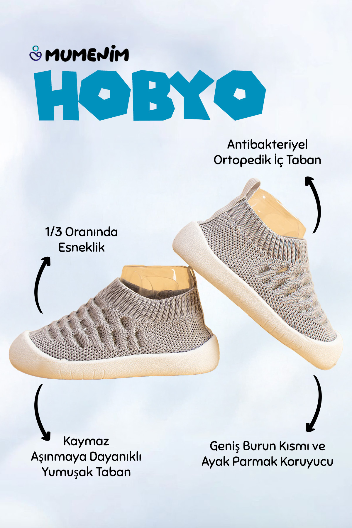 Mumenim Hobyo Unisex Çocuk&bebek Esnek, Kaymaz Ortopedik Taban Gri Ilk Adım Ayakkabısı fotoğrafı 2 (önizleme)