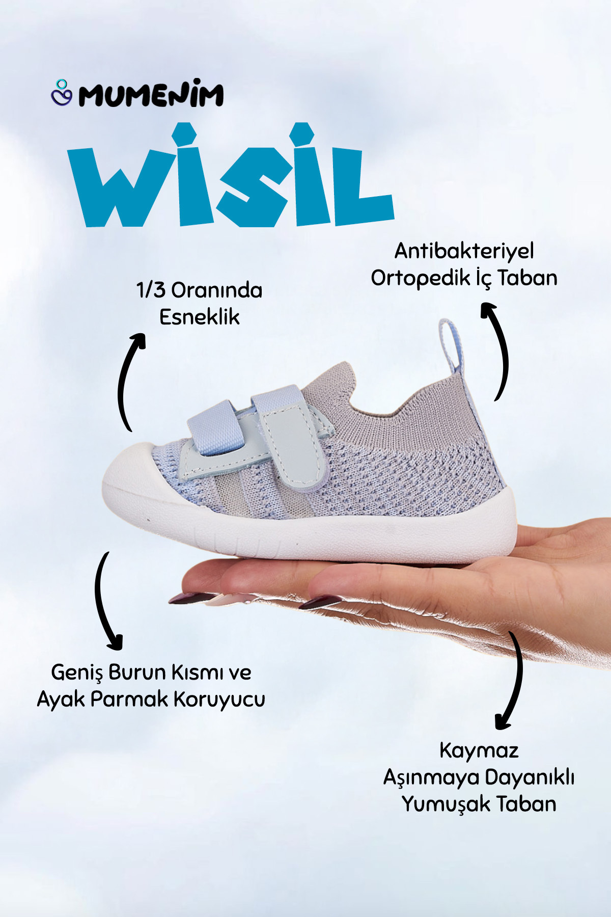 Mumenim Wisil Kız/erkek Çocuk&bebek Cırtlı Rahat Esnek Kaymaz Ortopedik Taban Mavi Spor/ilk Adım Ayakkabısı fotoğrafı 2 (önizleme)