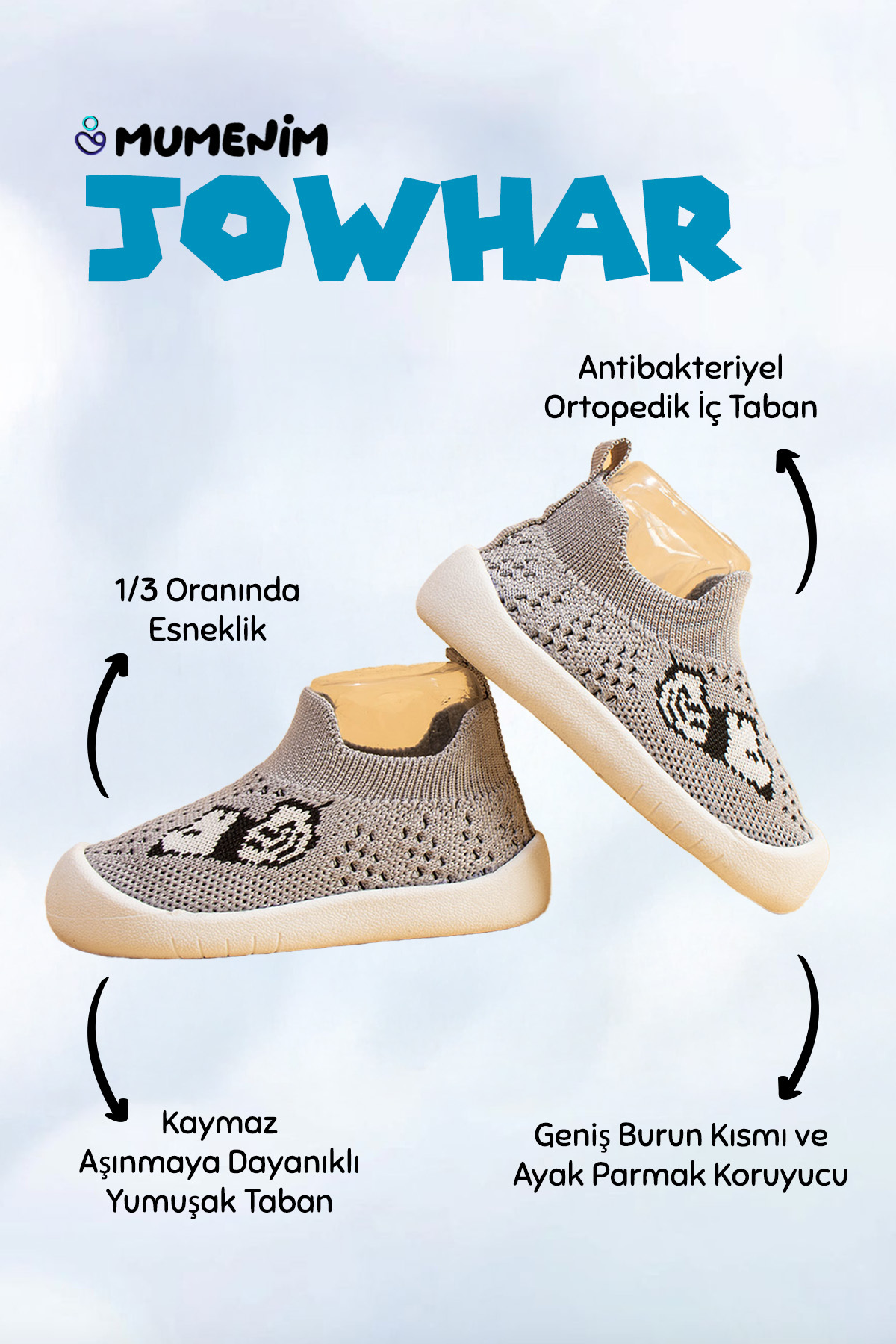 Mumenim Jowhar Unisex Çocuk&bebek Esnek, Ultra Hafif Yumuşak Kaymaz Ortopedik Taban Gri Ilk Adım Ayakkabısı fotoğrafı 2 (önizleme)