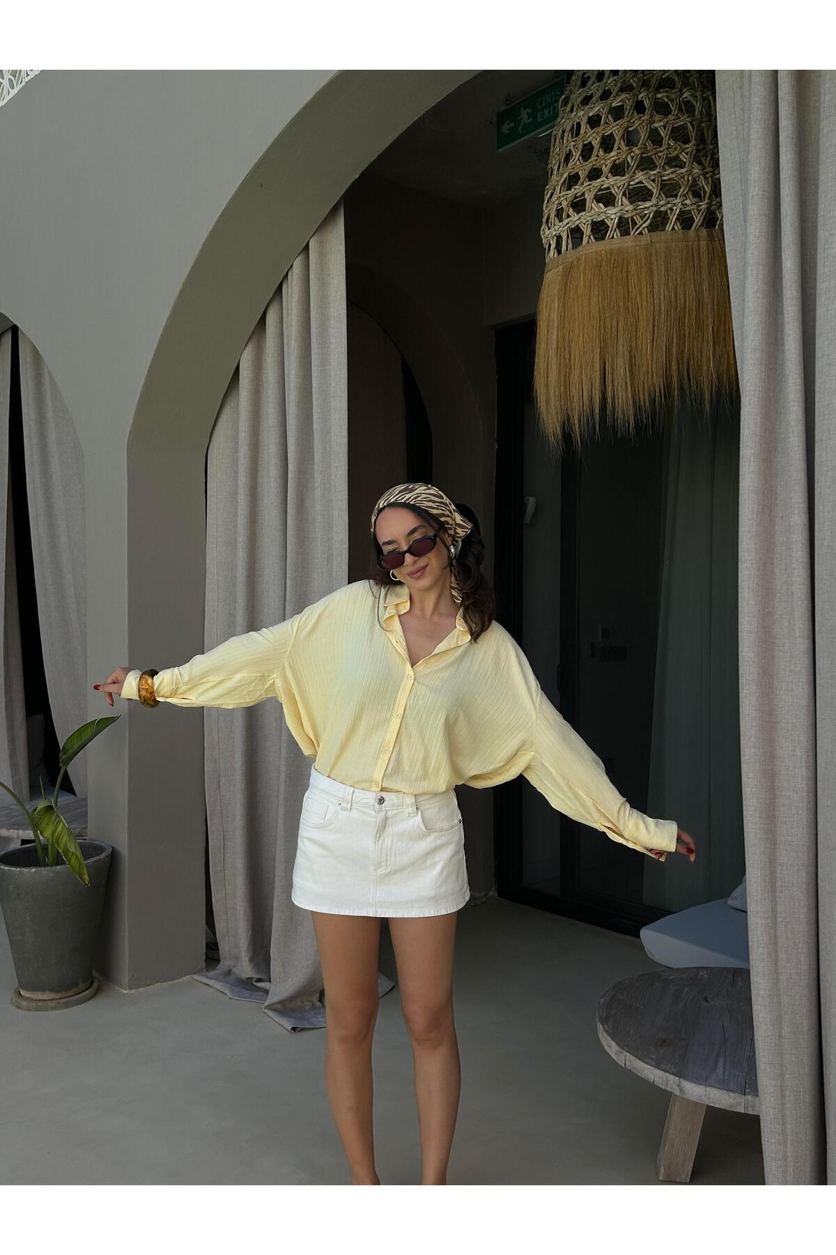 minaaise  Sarı Oversize Geniş Manşetli Kadın Gömlek 27384 - Görsel 6