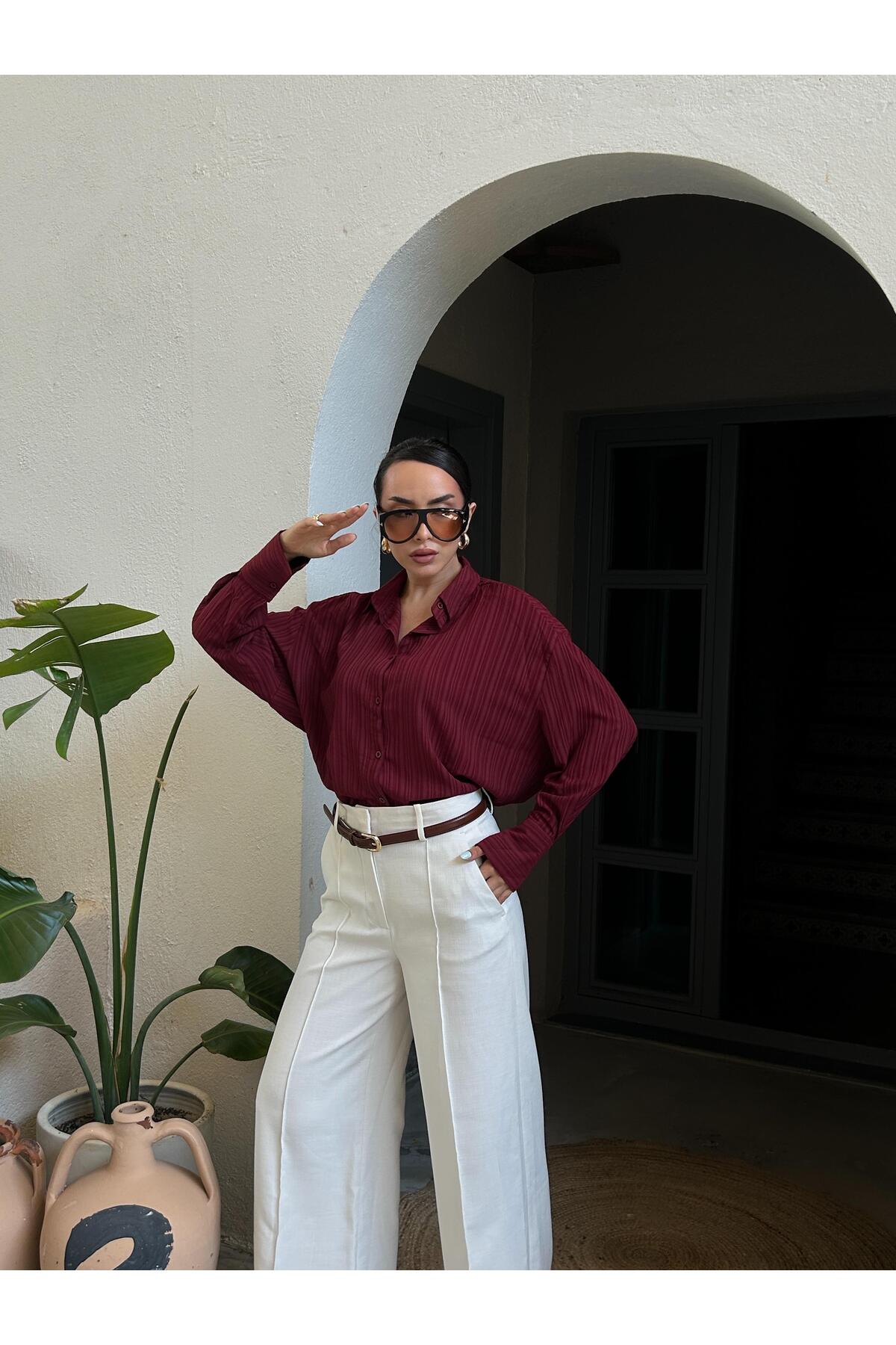 minaaise Bordo Oversize Geniş Manşetli Kadın Gömlek 27384 fotoğrafı 5 (önizleme)