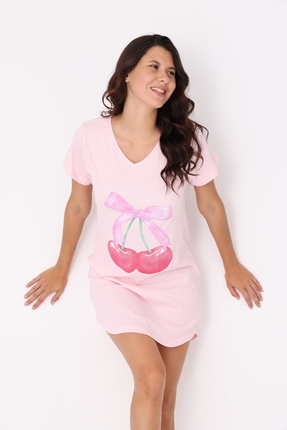 YASAR UNDERWEAR Kiraz Baskılı %100 Pamuk Gecelik – Pembe