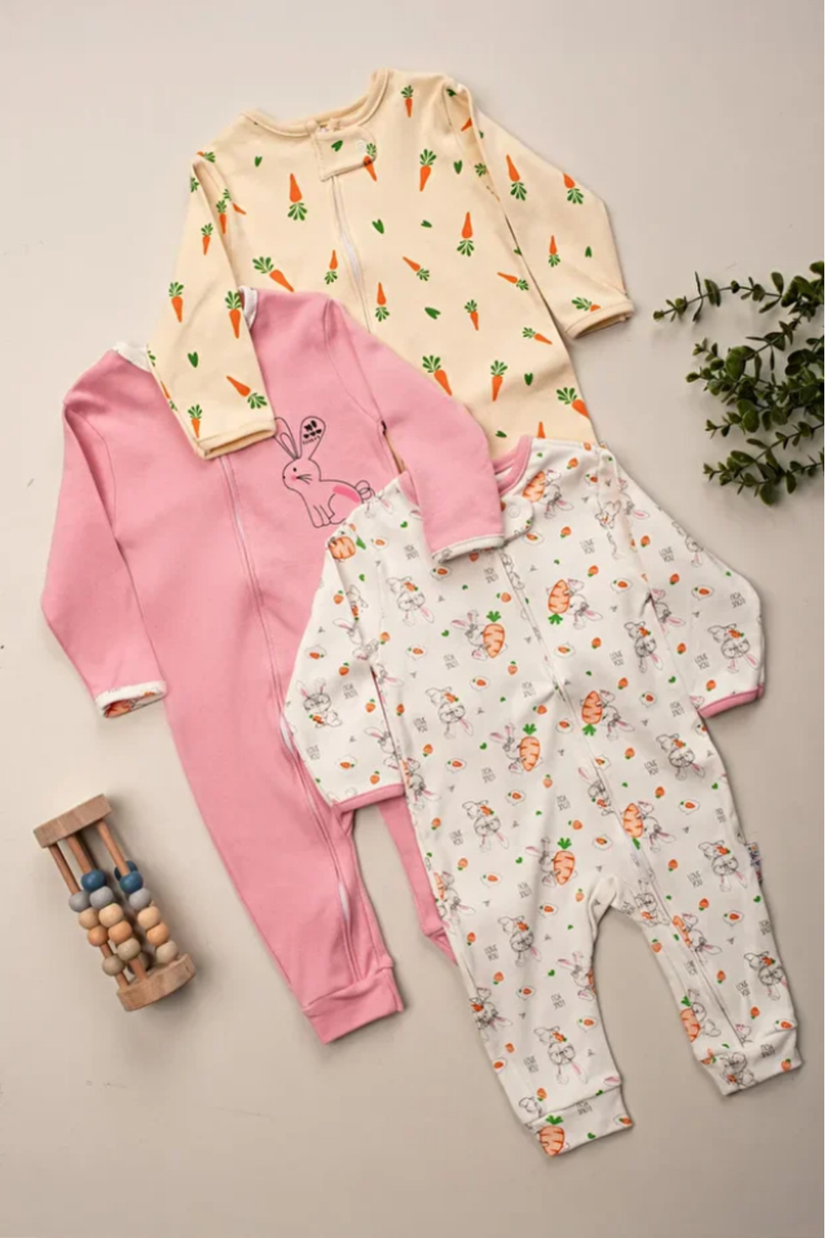 100% Cotton 9-12-18 Carrot Organic 3-Piece Footless Cuffed Jumpsuit (Baby Boy Girl)