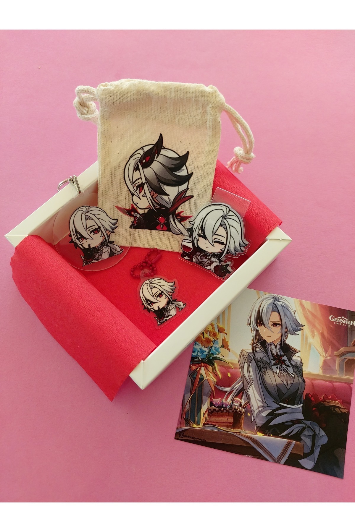 ganbarou art studio Genshin Impact Arlecchino kese, anahtarlık, magnetli kitap ayracı, charm hediye seti
