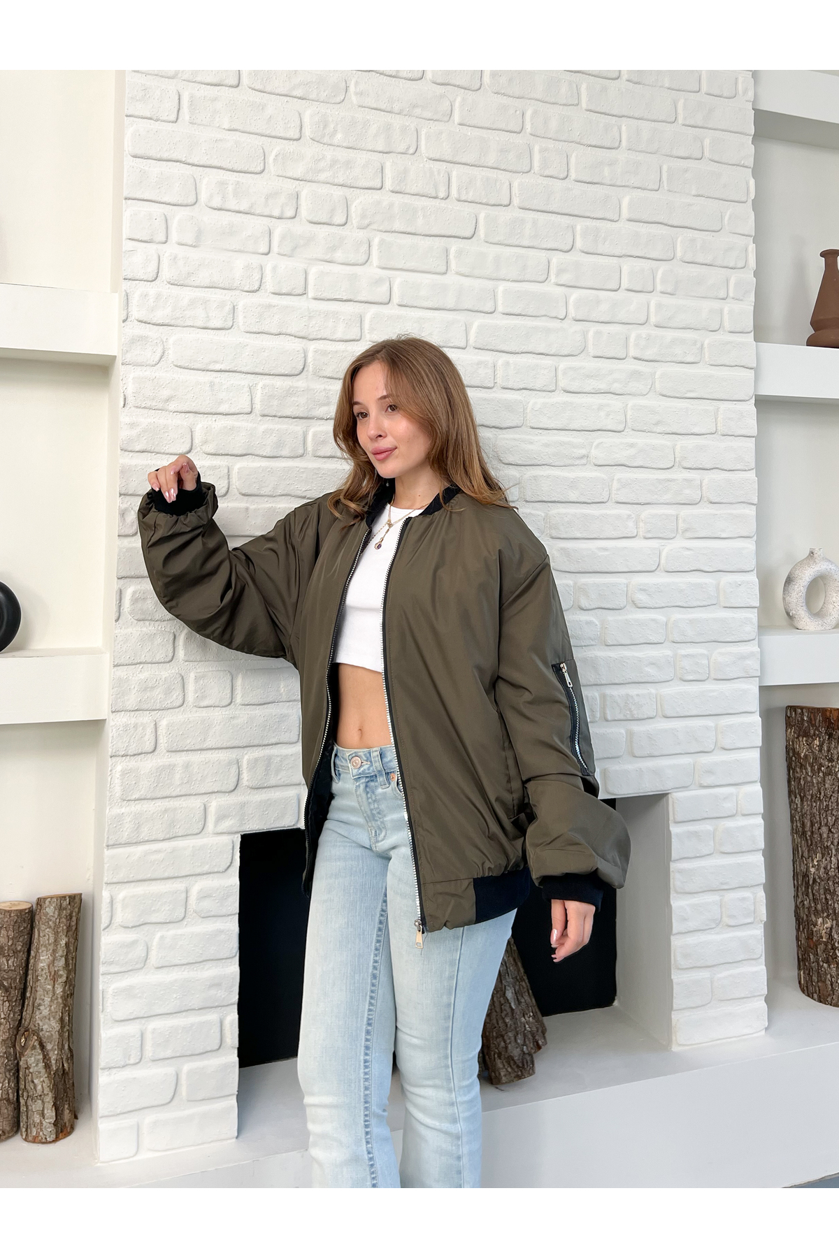 OTAKU  Unisex Trend Oversize Haki Bomber Ceket - Görsel 8