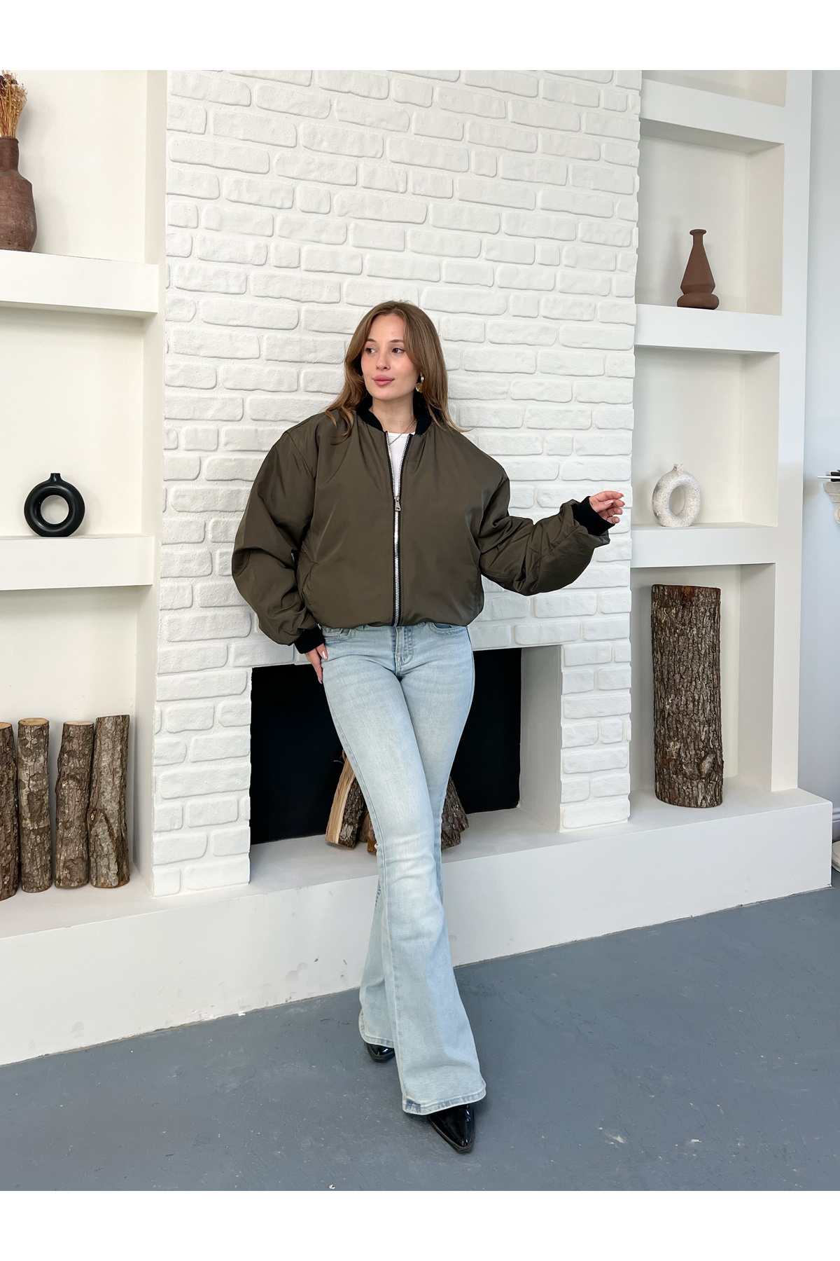 OTAKU  Unisex Trend Oversize Haki Bomber Ceket - Görsel 4