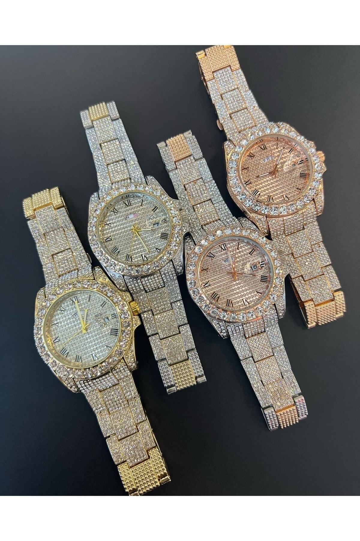 ÇENÇEN Gümüş Gold Full Taşlı Küçük Unisex Model Kol Saati görsel 6