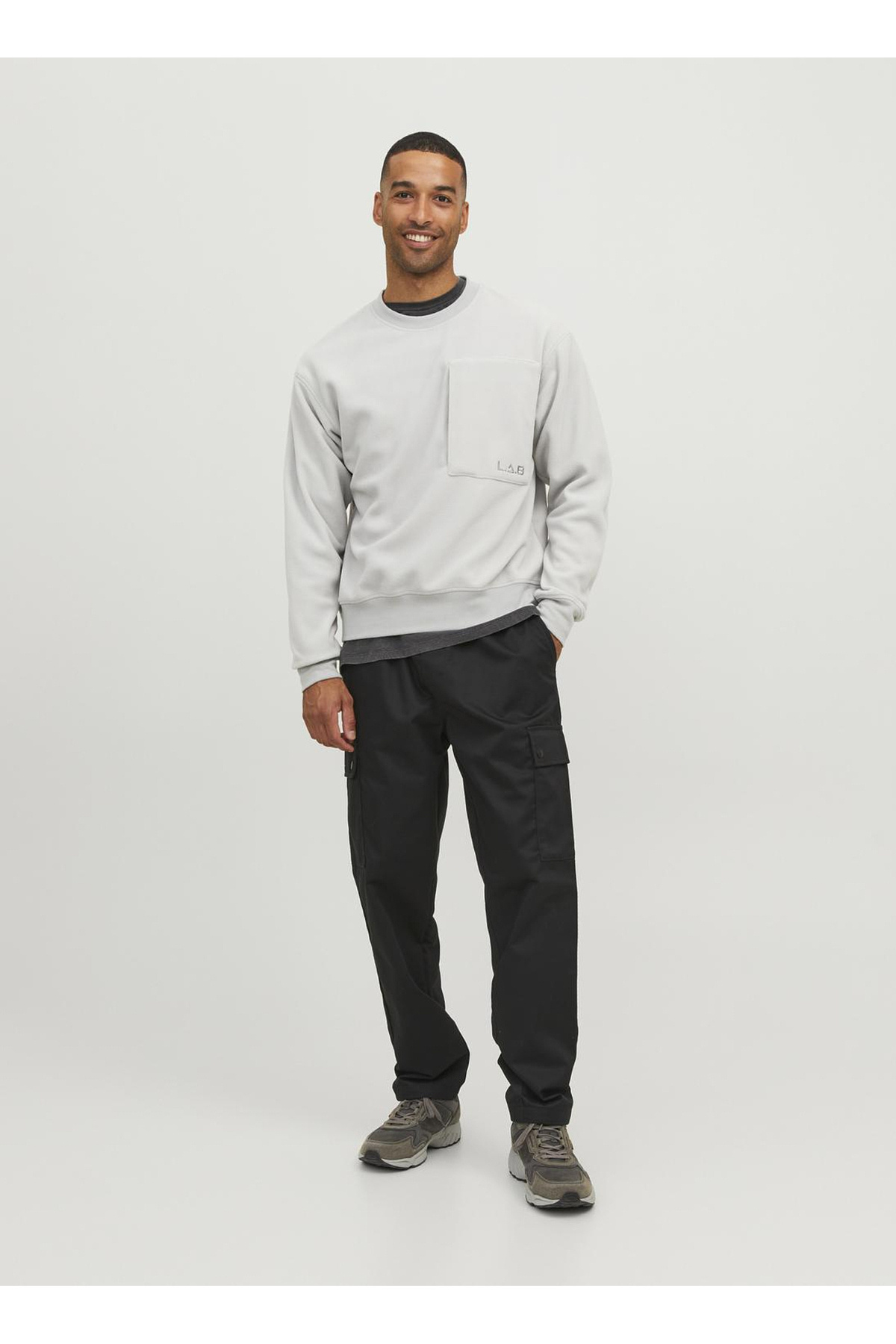 جک اند جونز سویشرت مردانه یقه گرد سفید 12241523_JCOLAB SWEAT CREW NECK AW2