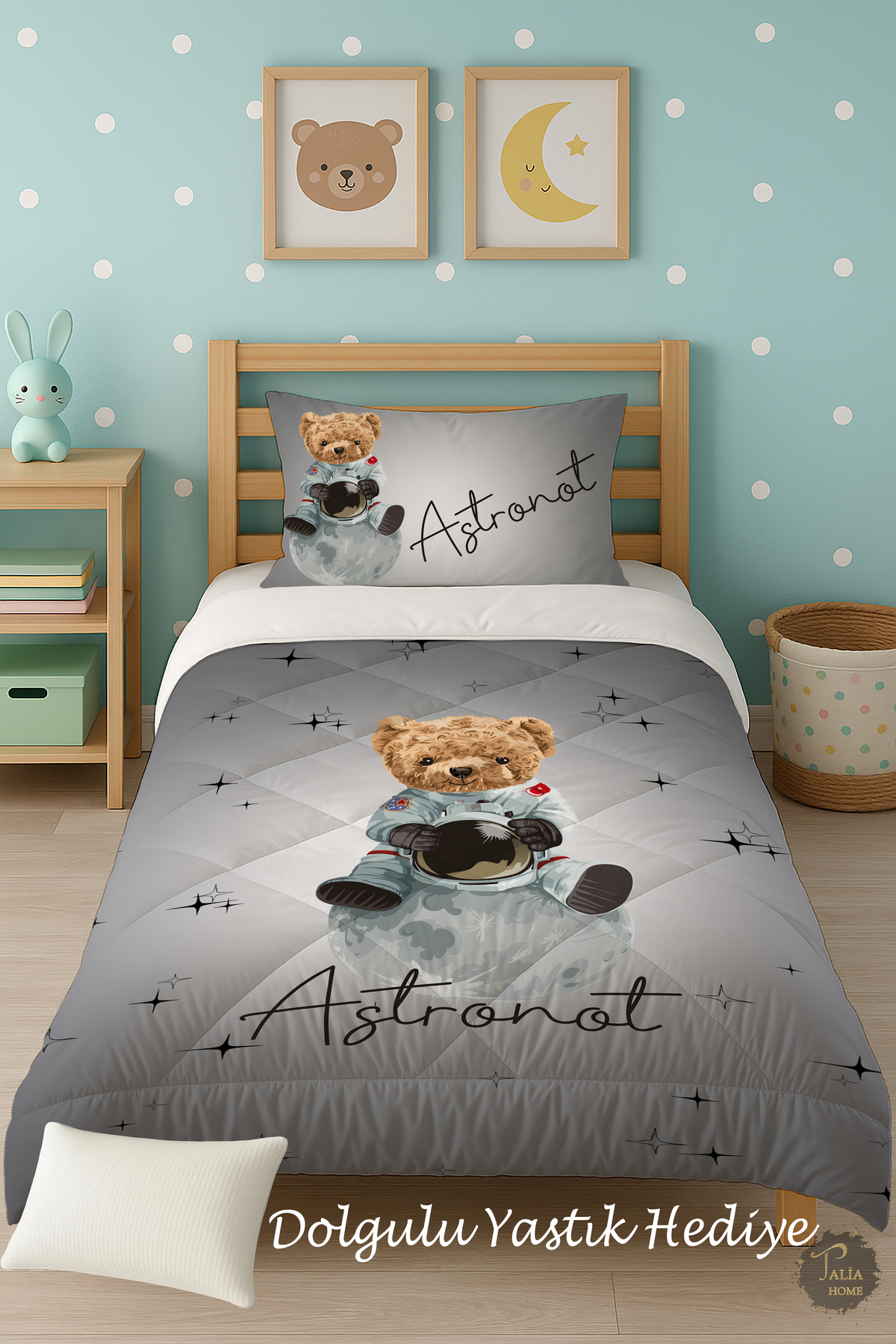 Cute Astronaut Bear Patterned Single Children's Quilt Sleeping Set