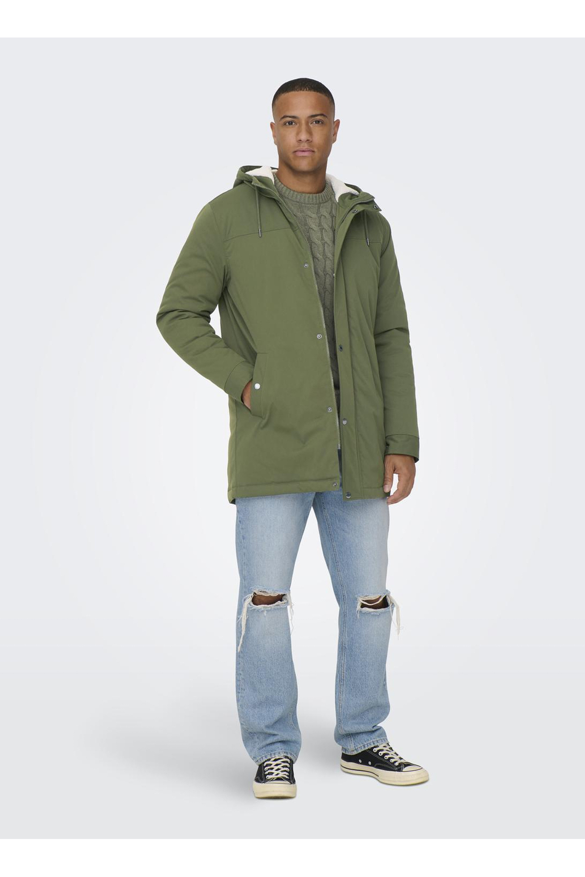 Only & Sons Koyu Yeşil Erkek Kapüşon Yaka Mont