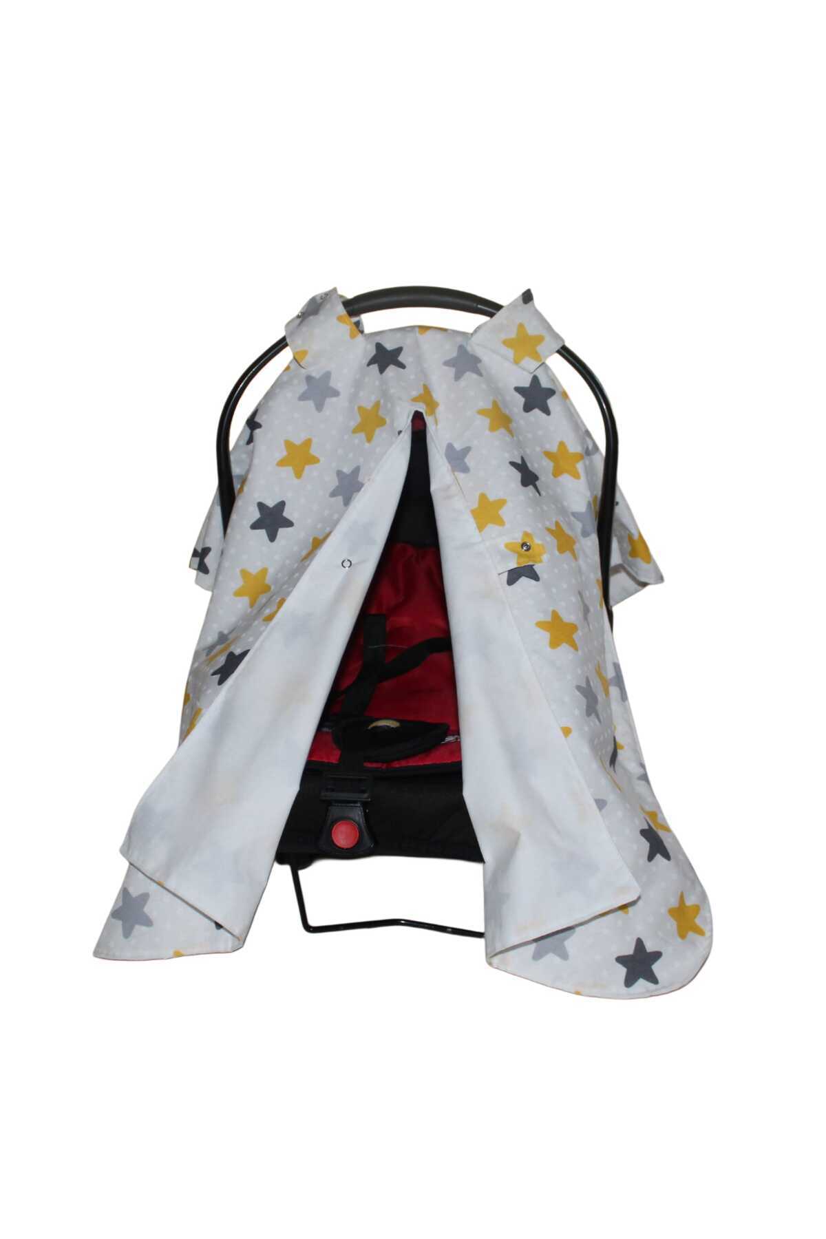 SerSev Bebek Puset Örtüsü Çift Katlı Astarlı Puset Örtüsü Sarı Yıldız Desenli Çıt Çıtlı Puset Örtüsü