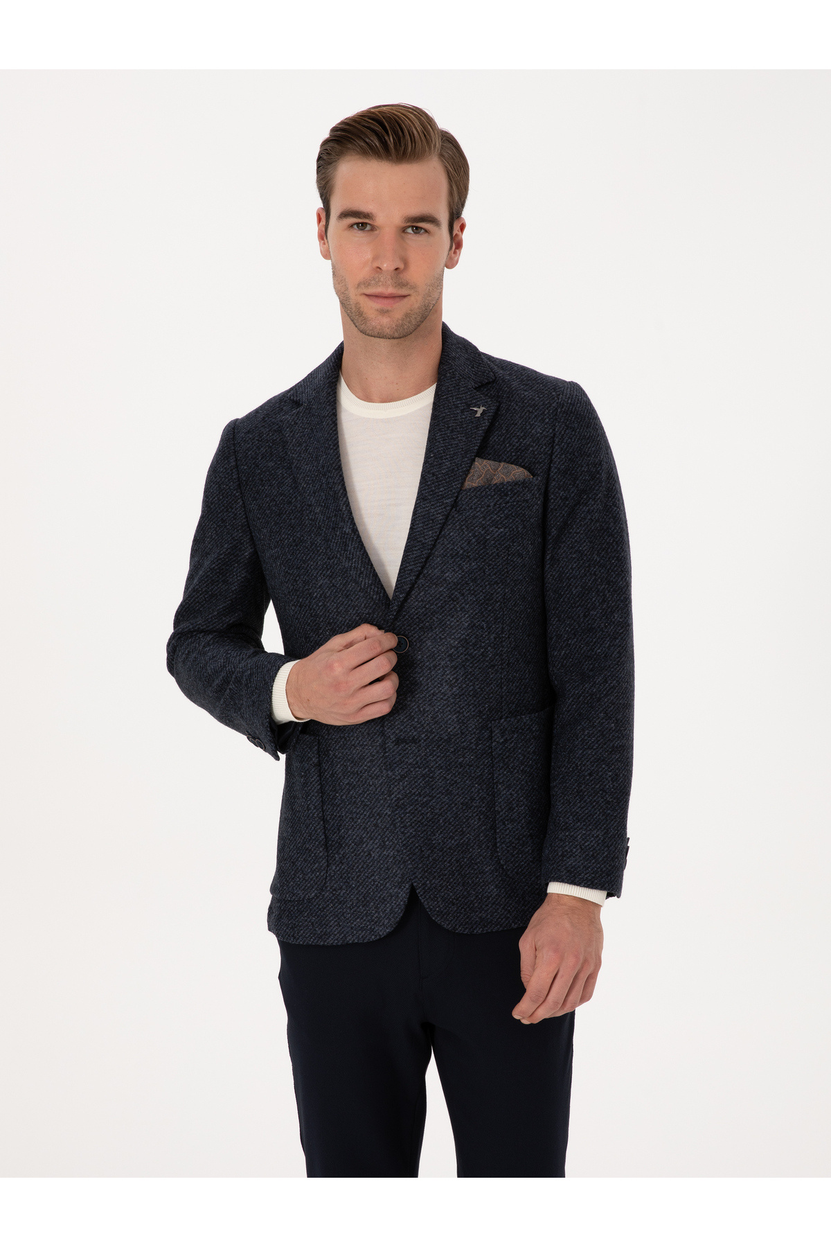 کاپشن پشمی اسلیم فیت سرمه‌ای طرح فلانل برند کاشارل کد:(50316800-VR033) Cacharel