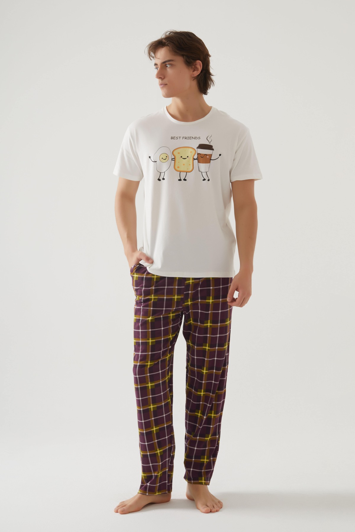 koza iç giyim  Erkek Kısa Kollu Pamuklu Ekose Desenli Breakfast Baskılı Pijama Takımı - Görsel 2