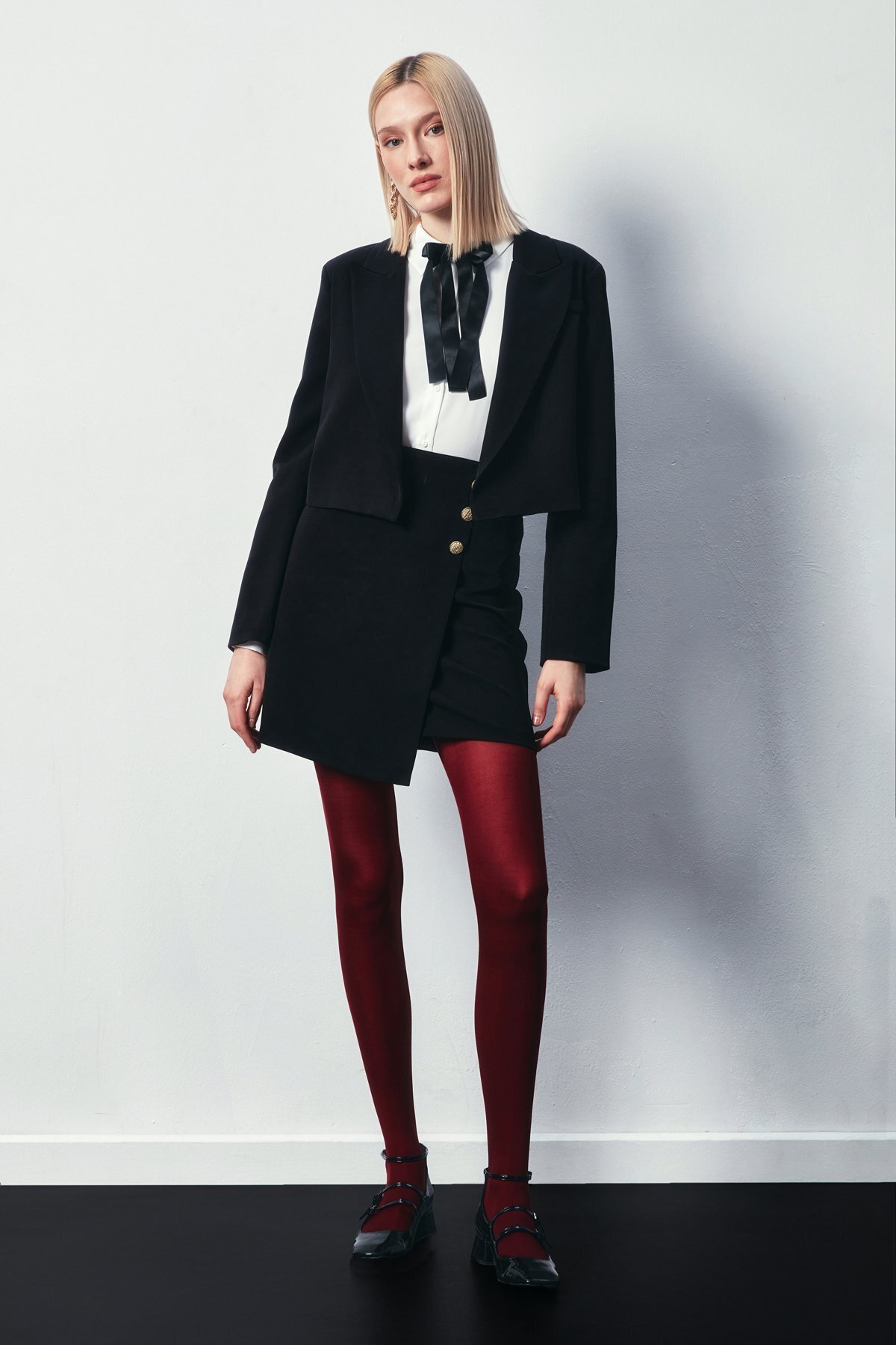 Sateen Kruvaze Düğmeli Mini Etek