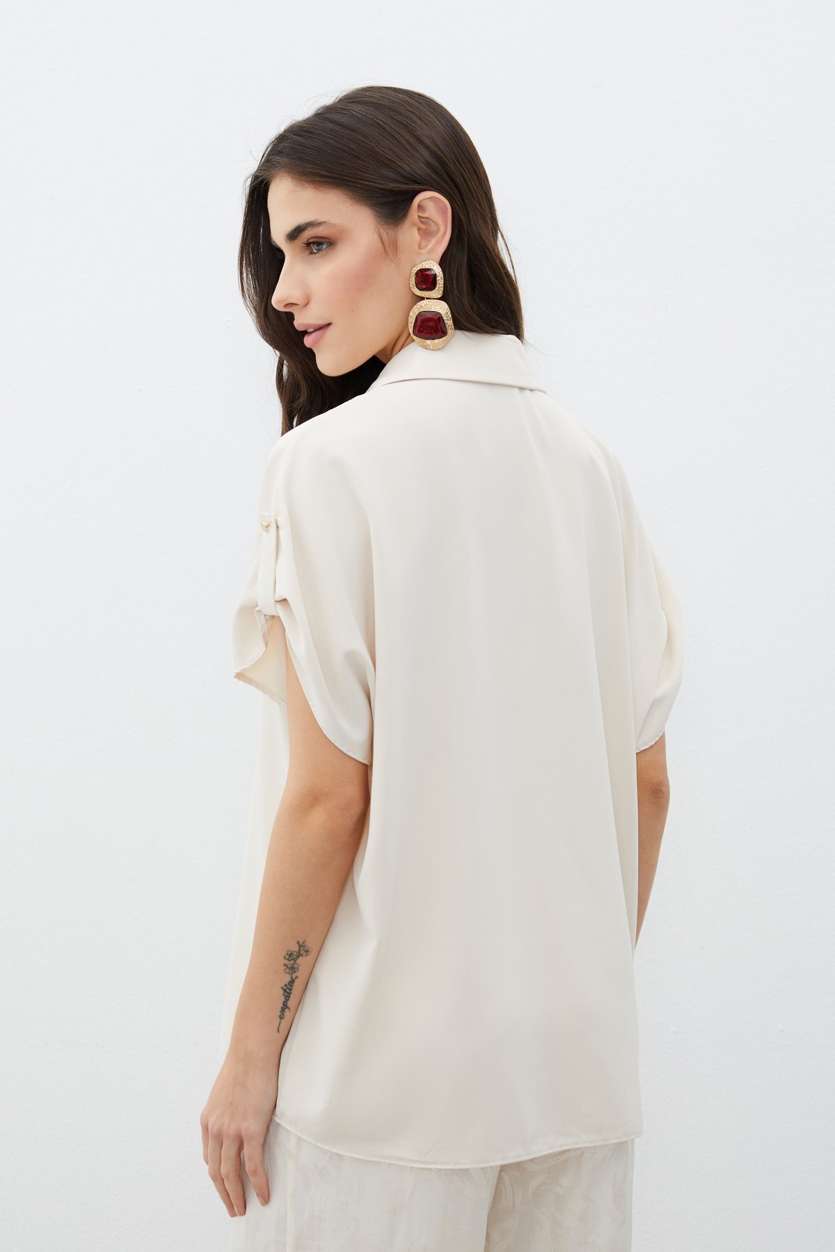 Sateen  Kol Detaylı Salaş Gömlek - Bej - Görsel 5