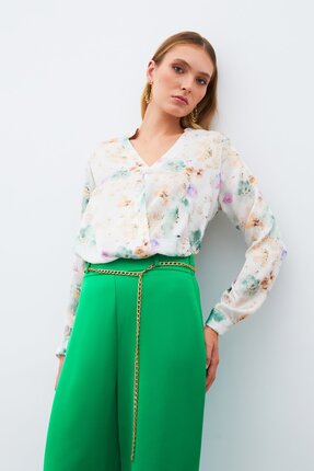 Sateen Desenli Kruvaze Bluz - Çağla Yeşili