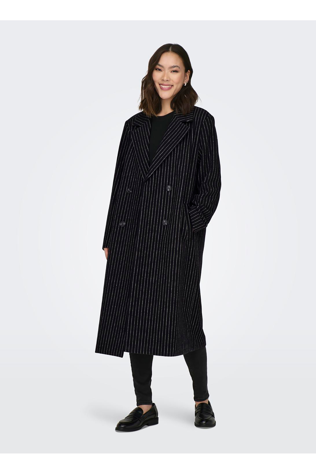 ONLY Koyu Siyah Kadın Çizgili Kaban 15293673 ONLJOSIE PIN STRIPE WOOL COAT CC OT görsel 6