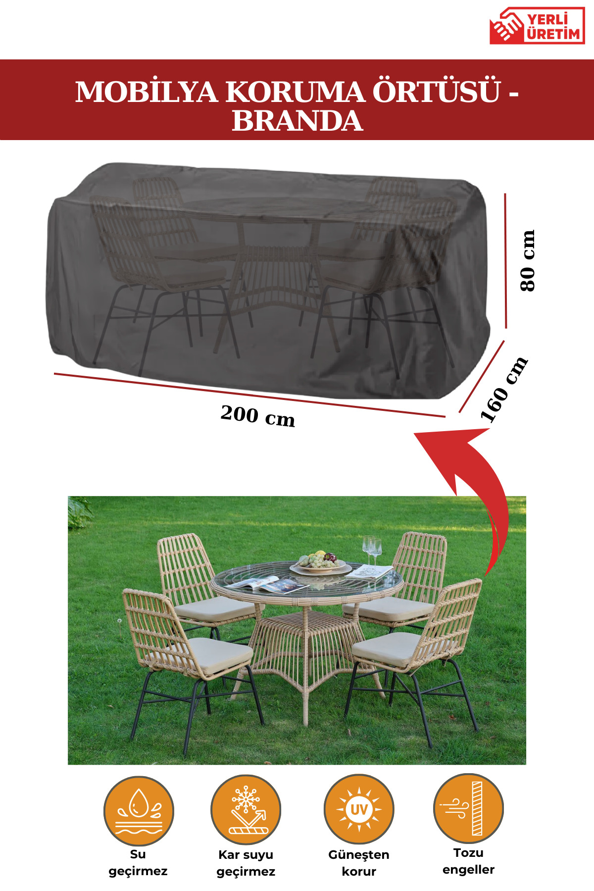 Black Garden Furniture Protection Cover Tarpaulin 200x160x80 cm-centimeters, Waterproof, Sun Protection