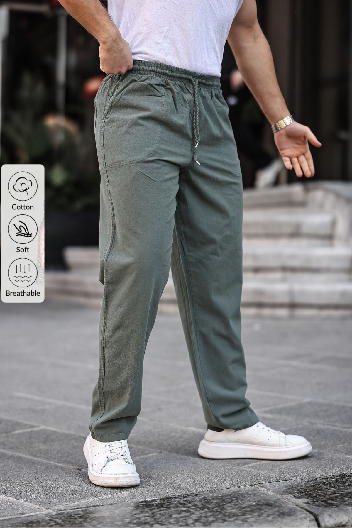 COMBİNE MİCHAİL  Haki Renk Erkek Yazlık Keten Karışımı Relaxed Pantolon - Görsel 2