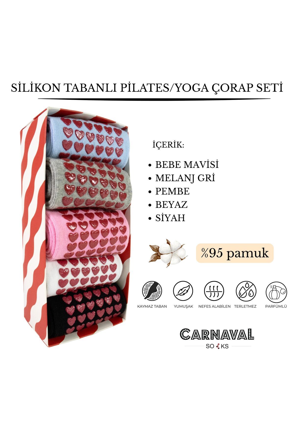 CARNAVAL SOCKS Pilates & Yoga Silikonlu Kazymaz Tabanlı 5'li Kutulu Çorap Seti