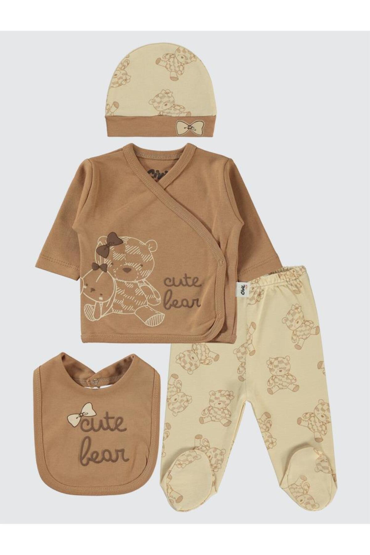 سیویل بیبی ست بادی ۴ تکه طرح خرس بامزه - قهوه‌ای ۰-۱ ماه