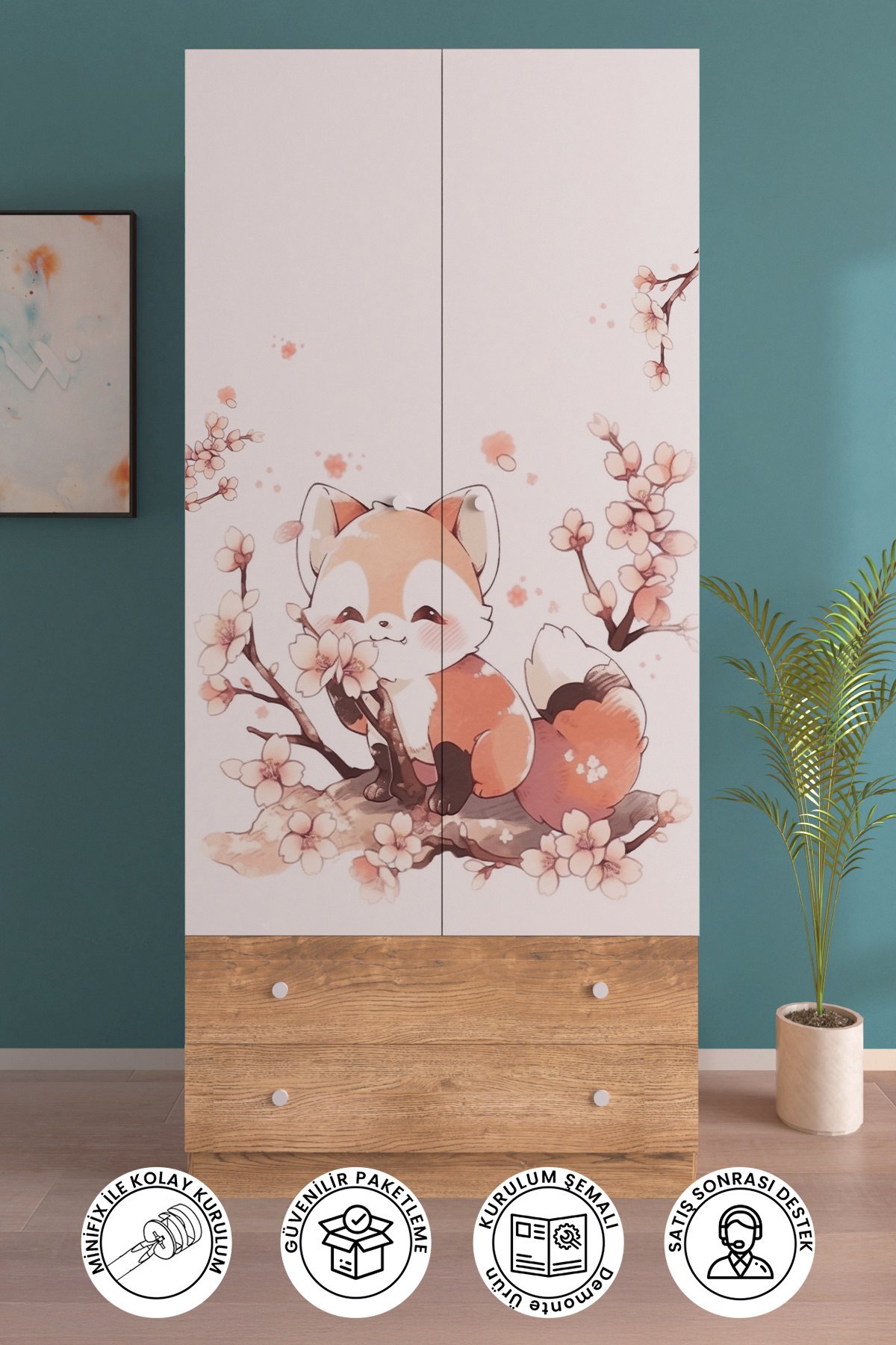 hediye kapında Spring Fox Gardırop 5 Raflı 2 Çekmeceli 2 Kapaklı Askılı Elbise Dolabı-Ahşap