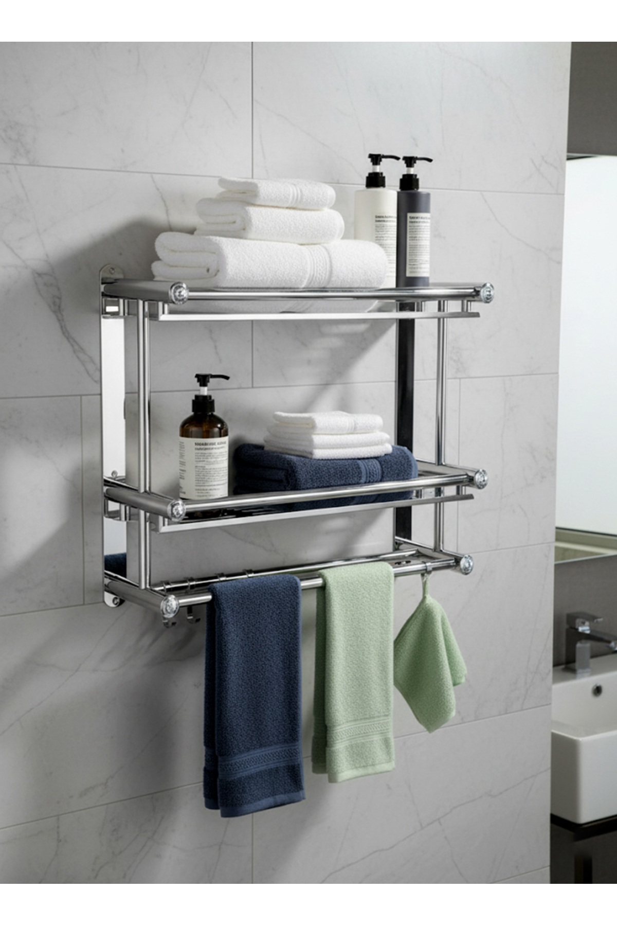 رف منظم لمناشف وأدوات الحمام، فواطة من الفولاذ الم...