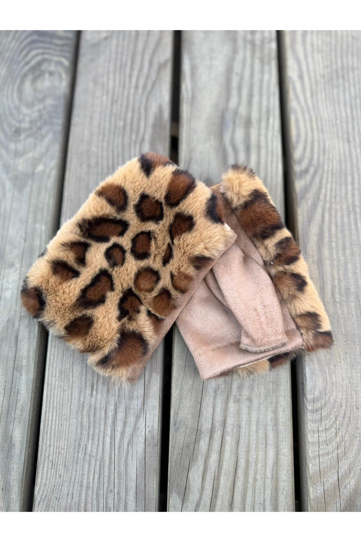 Axesoire 16043 Leopar Desen Peluş Vizon Kesik Eldiven görsel 4