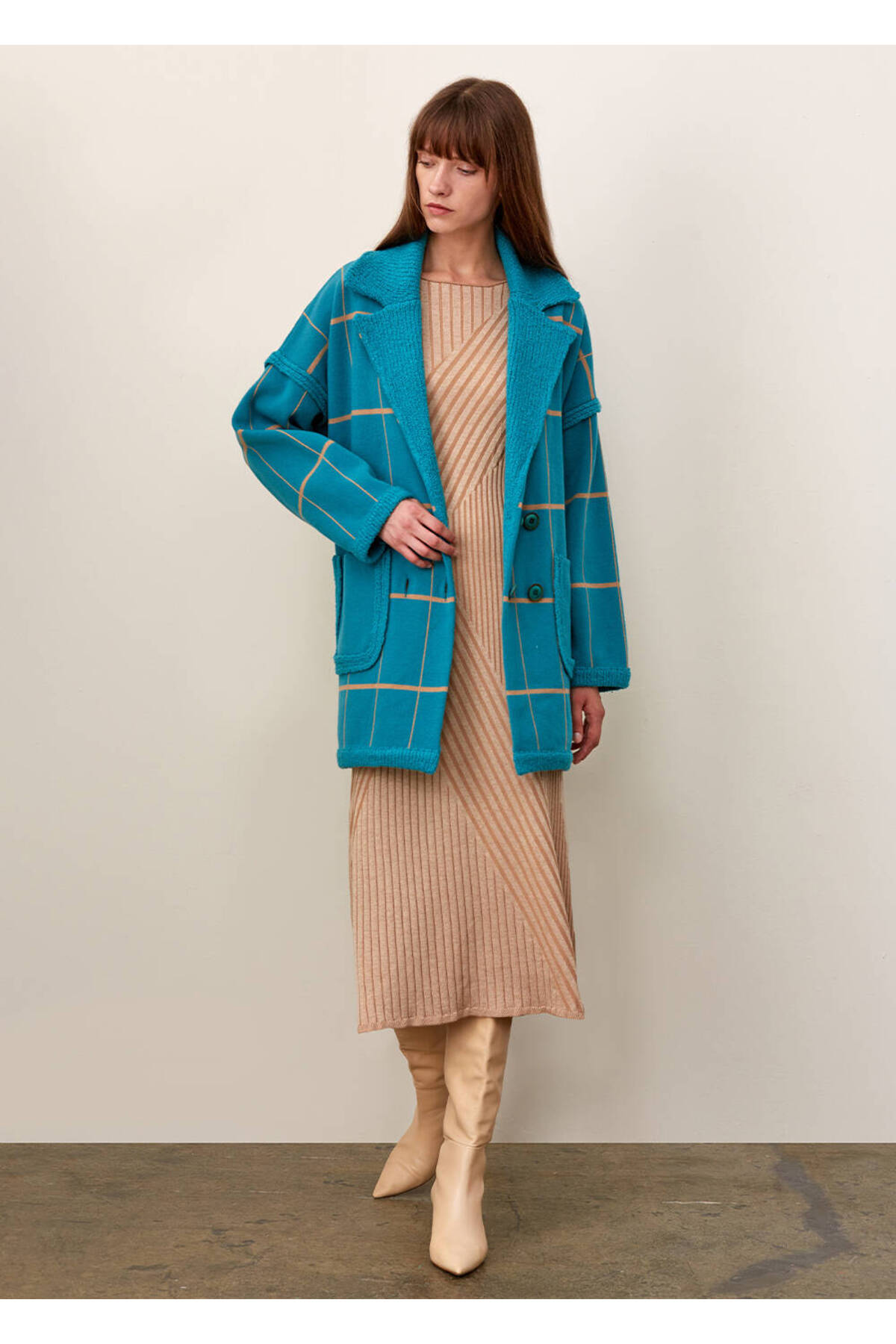 Knitss  Çizgi Desenli Yün Turkuaz Triko Palto - Görsel 5