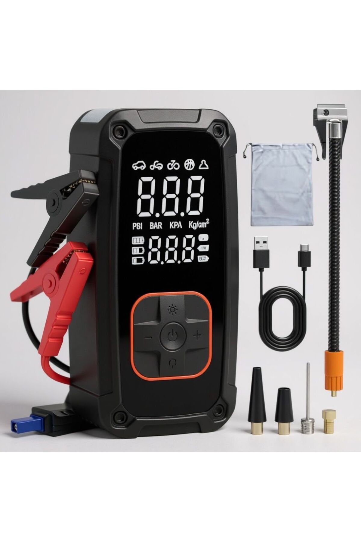 Professional 2’si 1 Arada Akü Şoklama ve Şarjlı Dijital Hava Kompresörü 150 PSI LED Işıklı