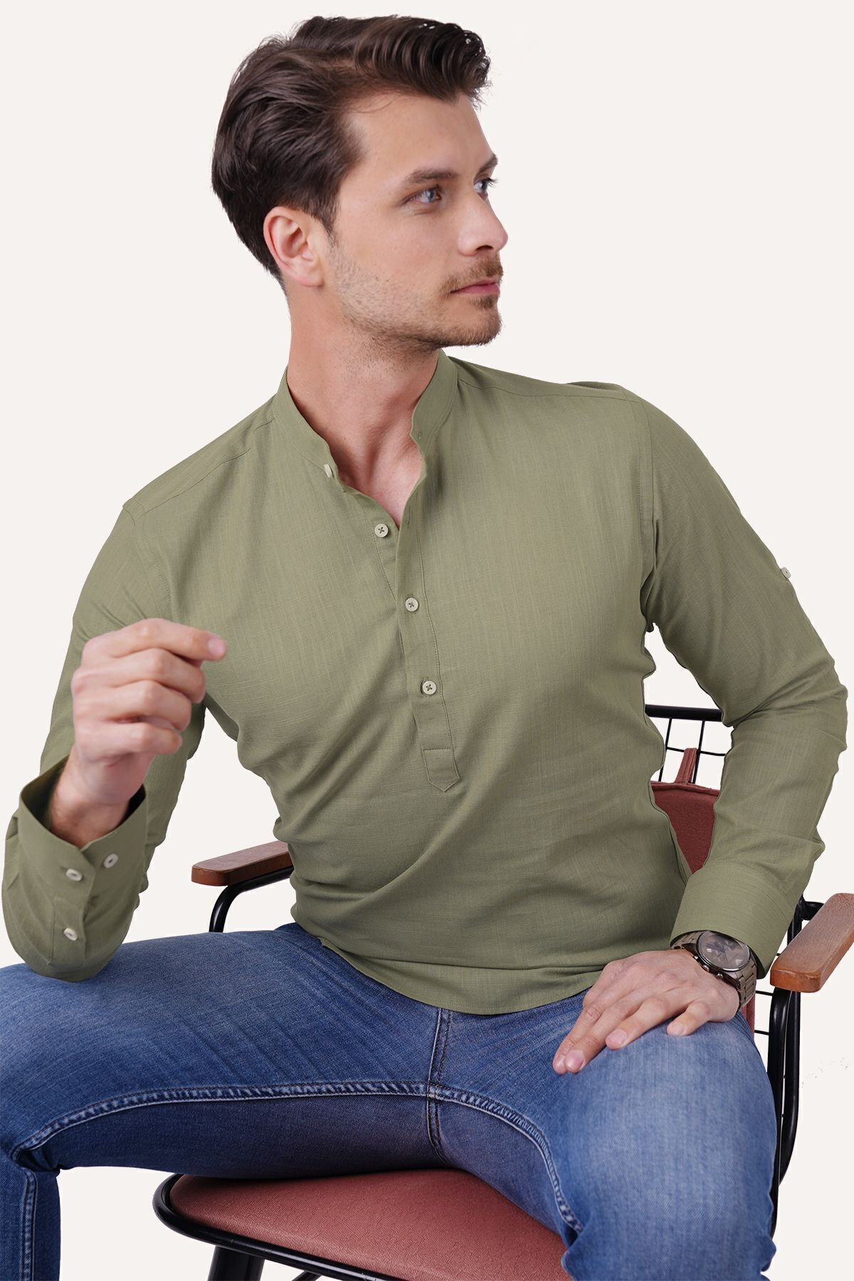 Etikmen  Haki Hakim Yaka Keten Üç Düğmeli Erkek Gömlek - Görsel 3