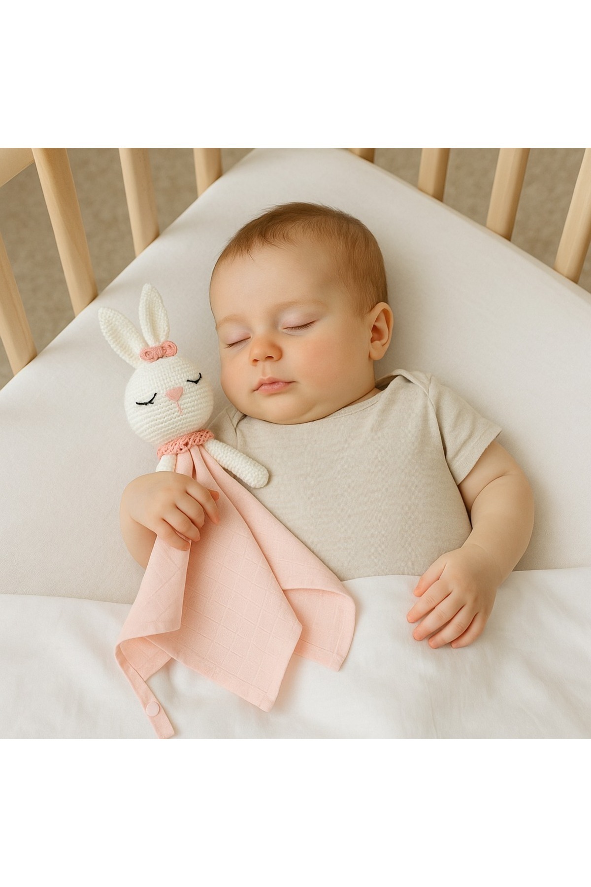 Naturel Bebek Amigurumi Beyaz Tavşan Pembe %100 Pamuk Müslin Bez Uyku Arkadaşı