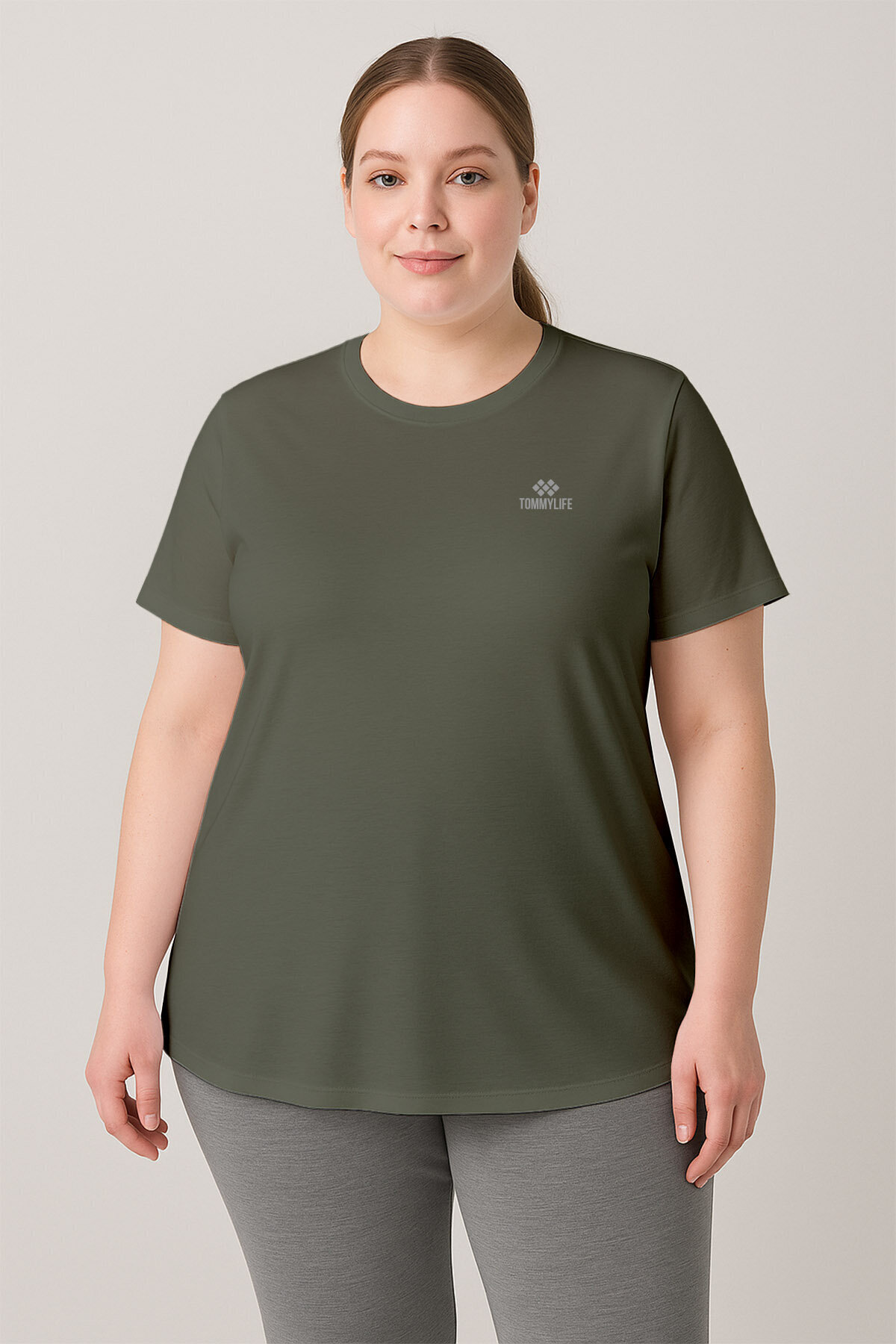 TOMMY LIFE Haki Baskılı O Yaka Rahat Form Battal Büyük Beden Kadın T-Shirt - 97308