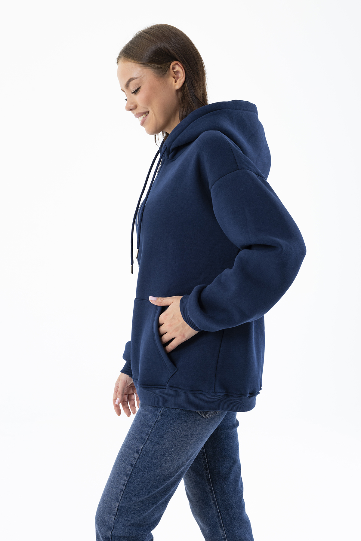 GİYSA Kadın Kapüşonlu Fermuarlı Şardonlu 3ip Sweatshirt Indigo - 9015 - 264401 görsel 8