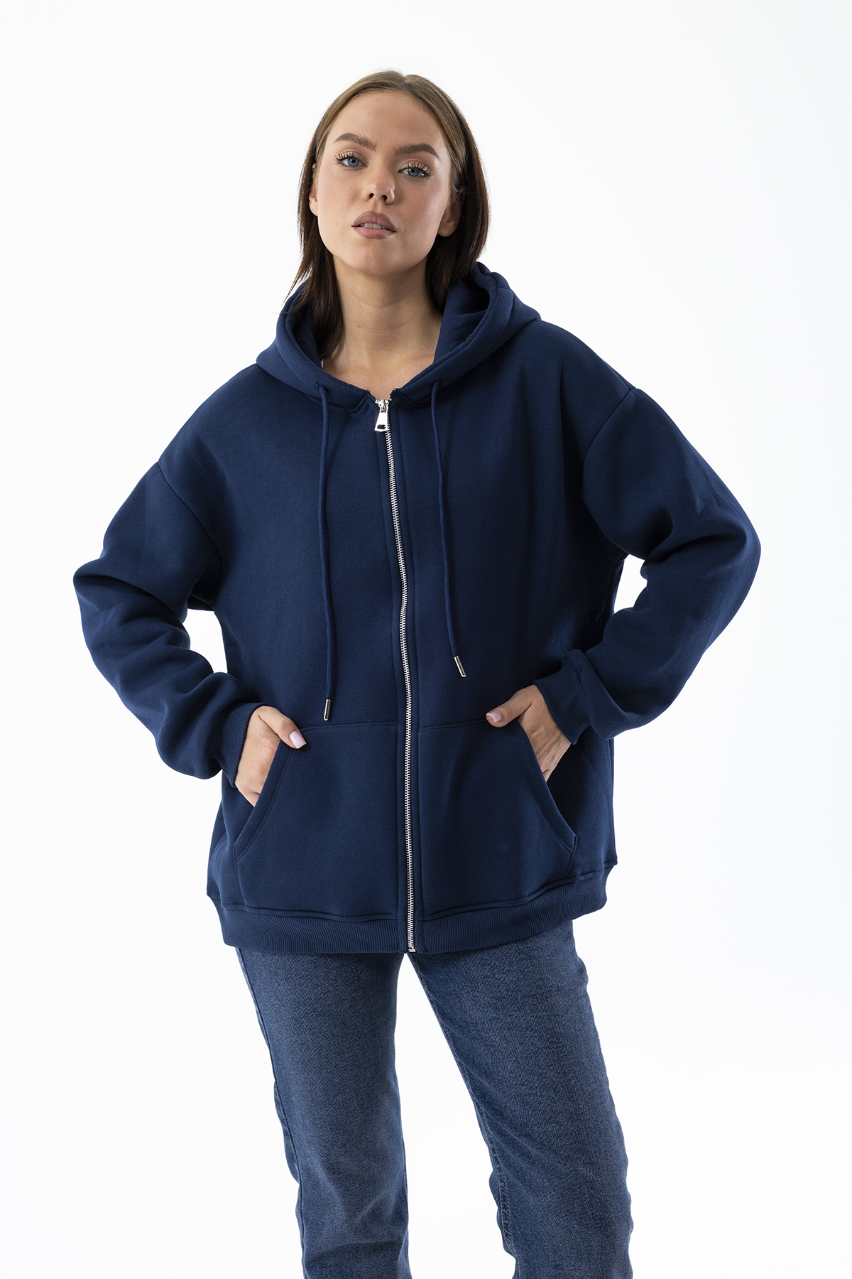 GİYSA Kadın Kapüşonlu Fermuarlı Şardonlu 3ip Sweatshirt Indigo - 9015 - 264401 görsel 5