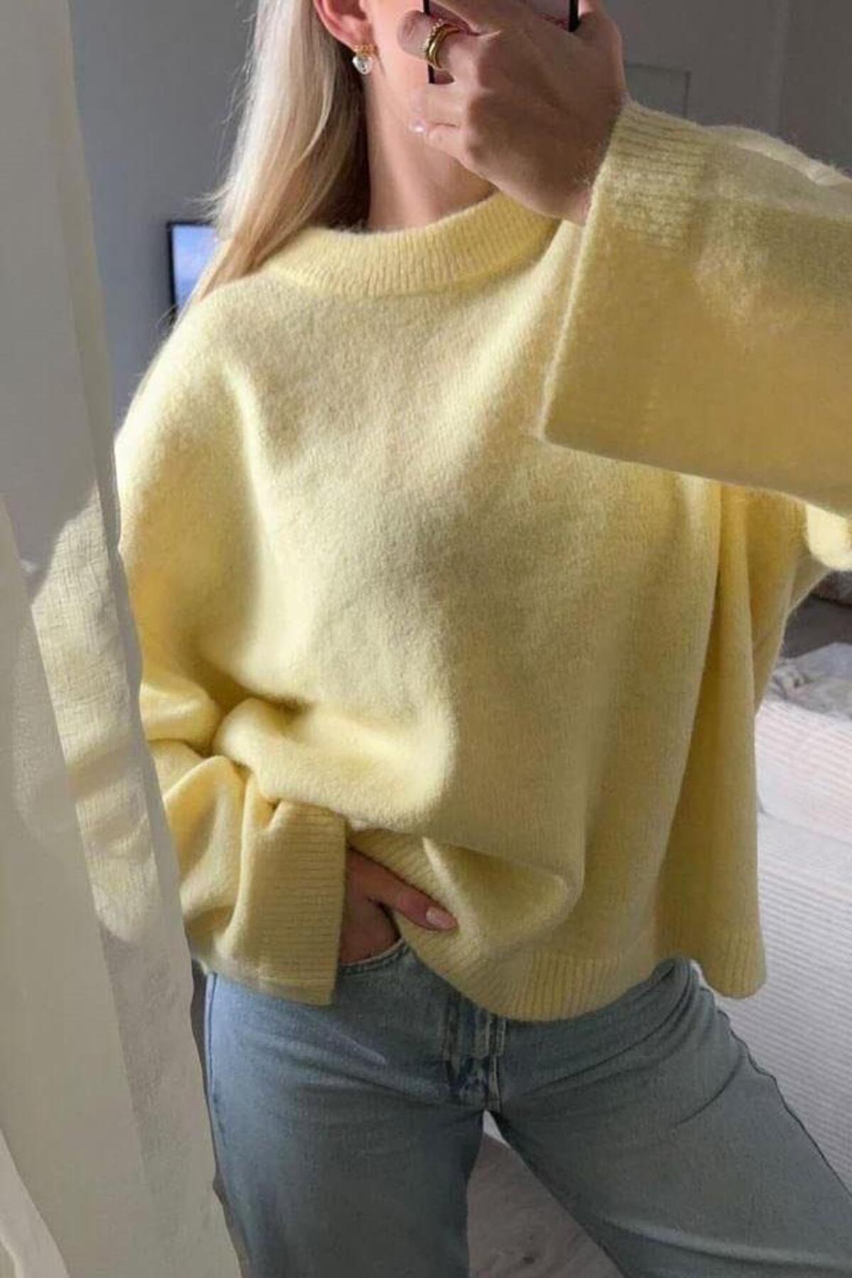 Seeh  Sarı Bisiklet Yaka Oversize Triko Kazak SH173 - Görsel 5