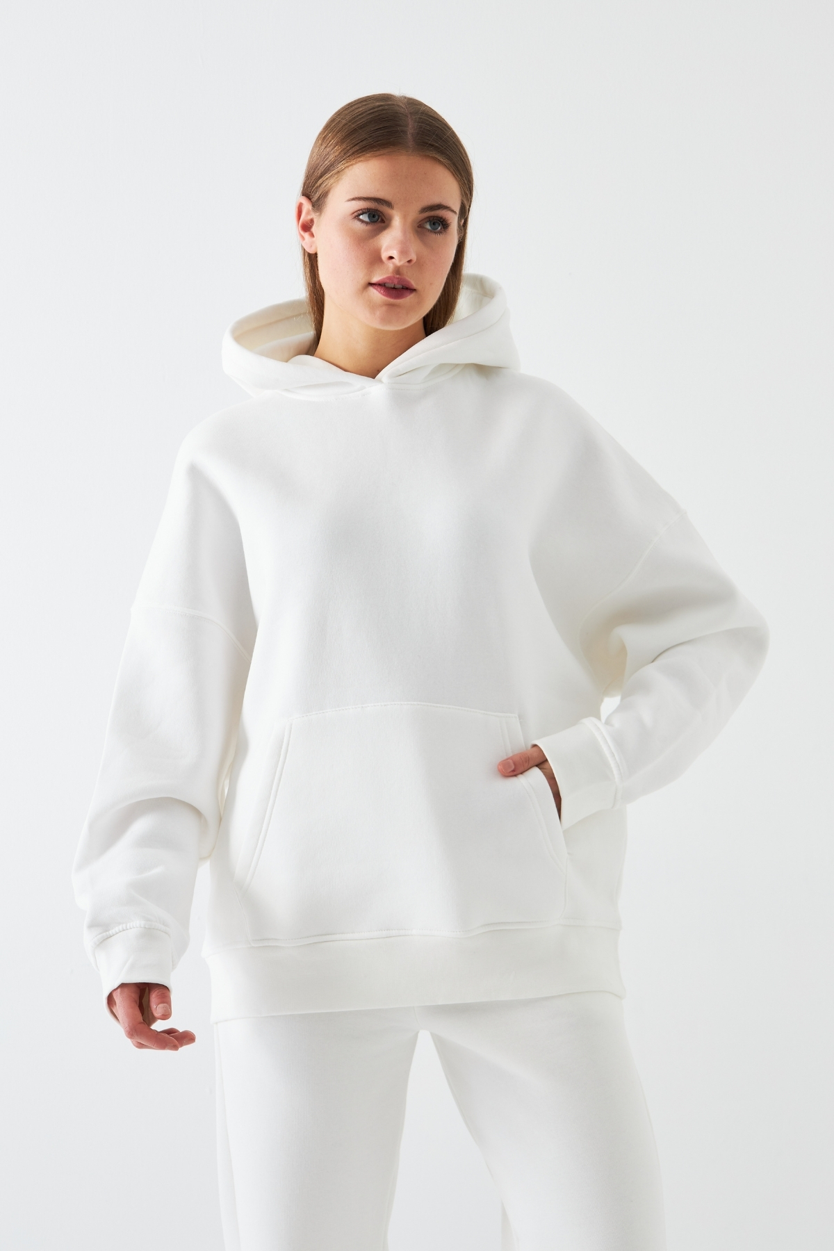 The Champ Clothing  Oversize Unisex Sweatshirt Hoodie Beyaz – Kapüşonlu, 3 İplik Şardonlu Polar, Kanguru Cepli, Basic - Görsel 8