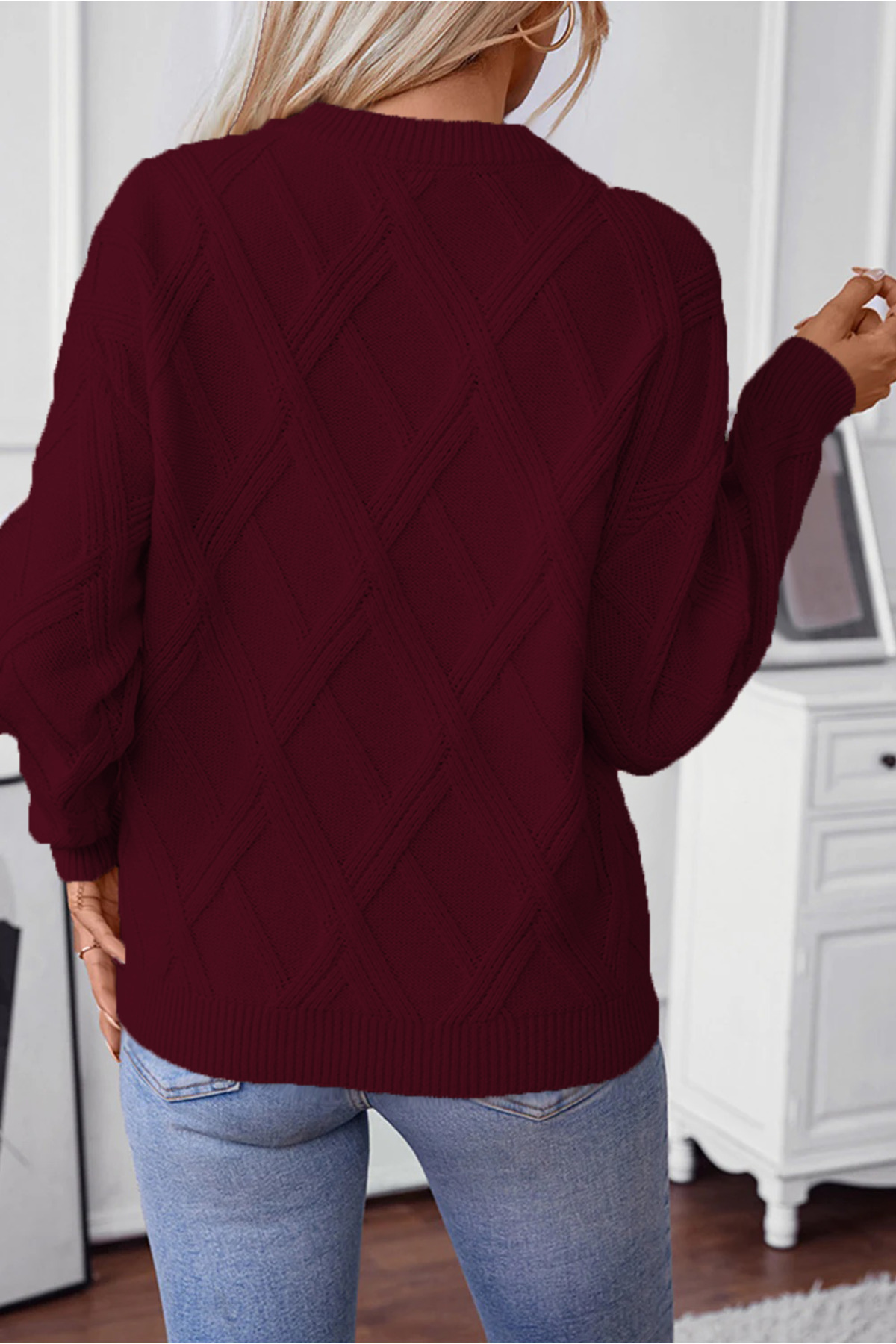 citystyle  Kadın Triko Kazak Bordo Yuvarlak Yaka Uzun Kollu Örgü Desenli Kışlık Yumuşak - Görsel 5