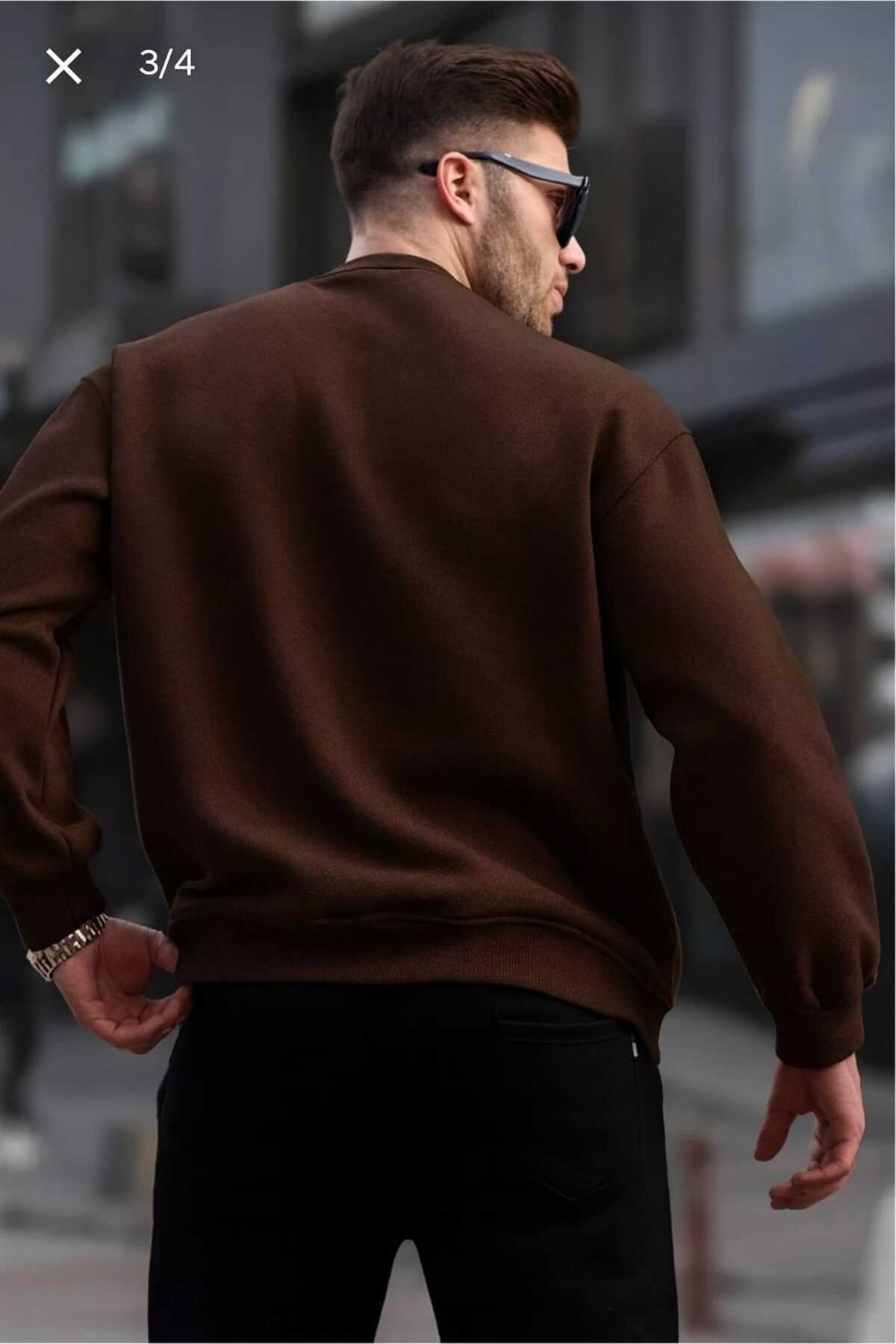 Bisiklet Yaka Oversize Şardonlu Basic Erkek Sweatshirt TR4477 — قهوه‌ای — تصویر 3 از 4